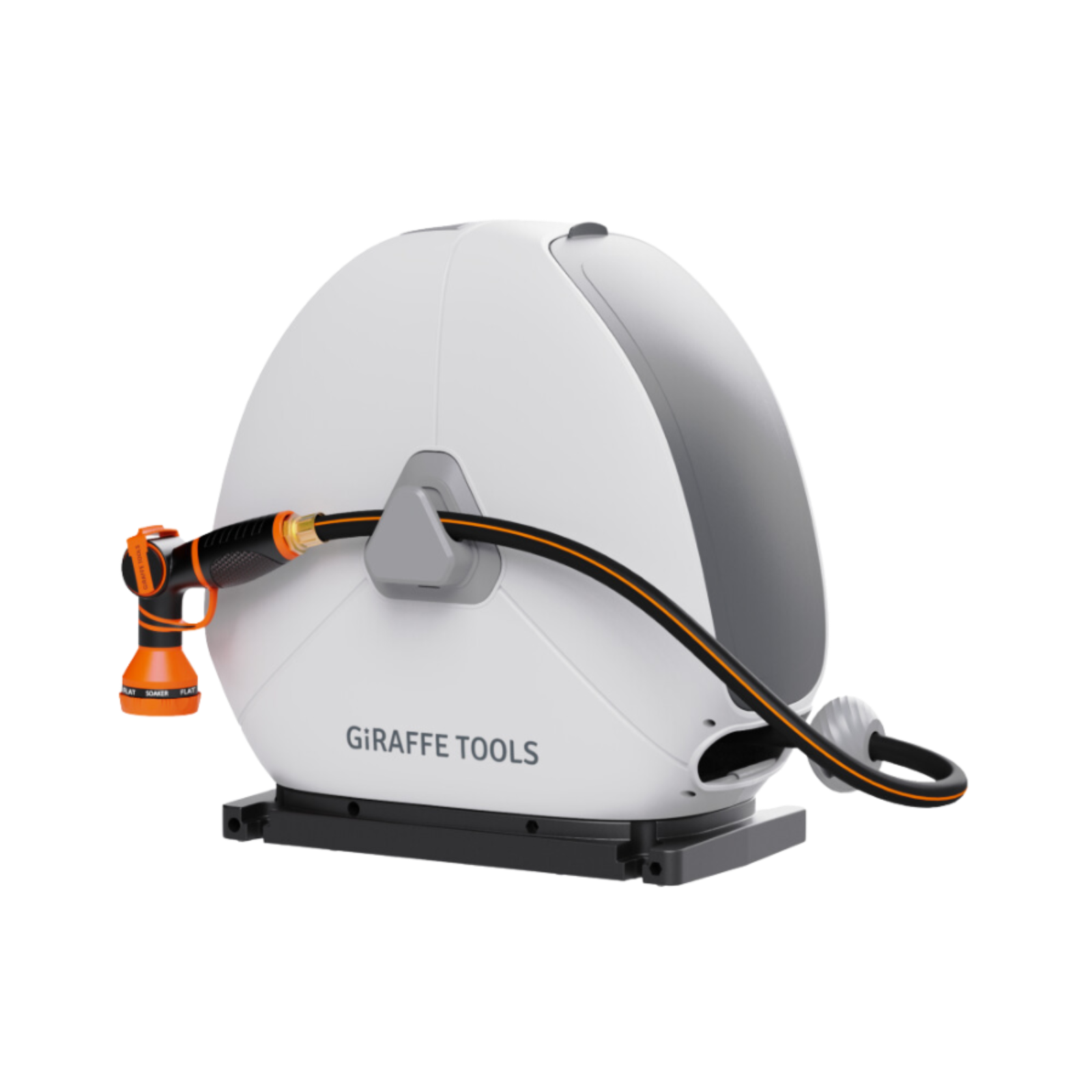 Ground-mounted reel with black and orange nozzle on a white background