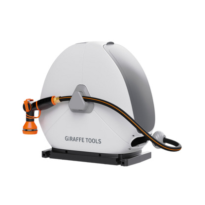 Ground-mounted reel with black and orange nozzle on a white background
