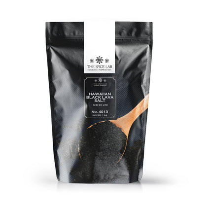 Black bag of Hawaiian Black Lava Salt with visible branding on a white background