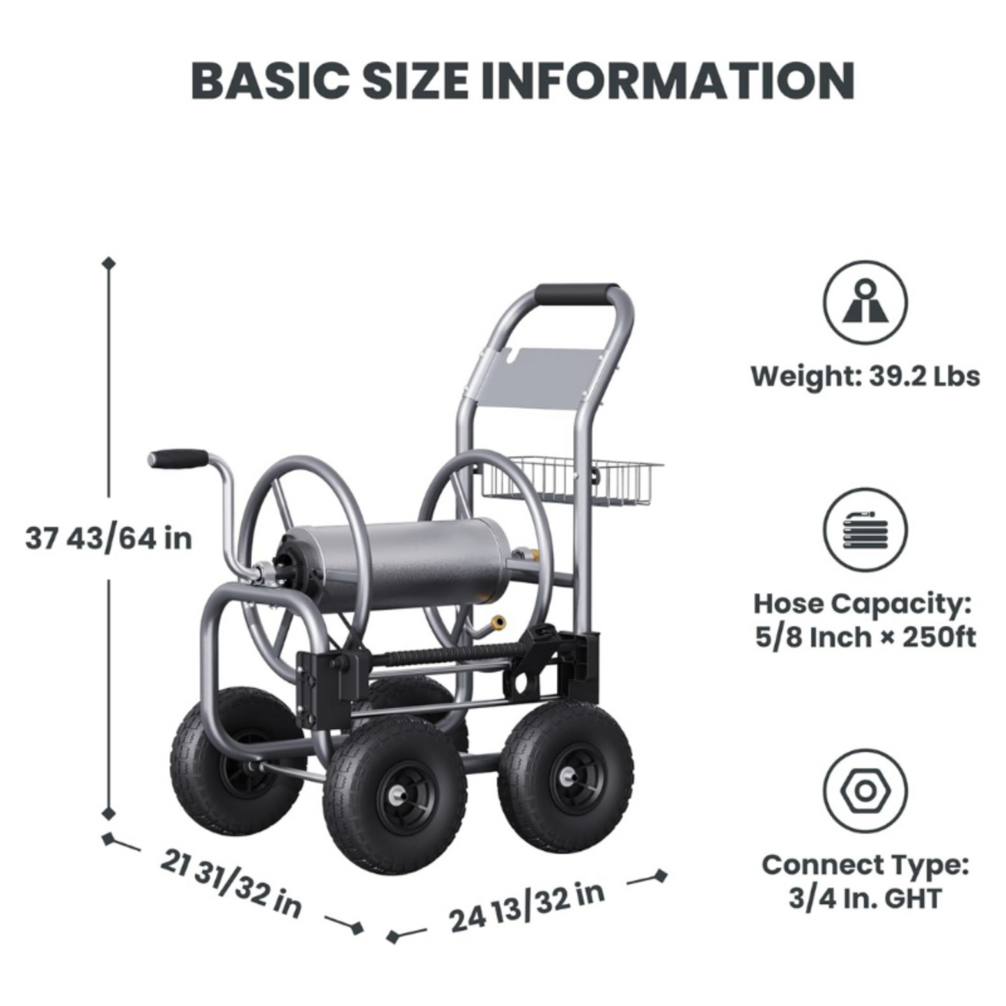 Heavy Duty Garden Hose reel cart with dimensions and specifications on a white background