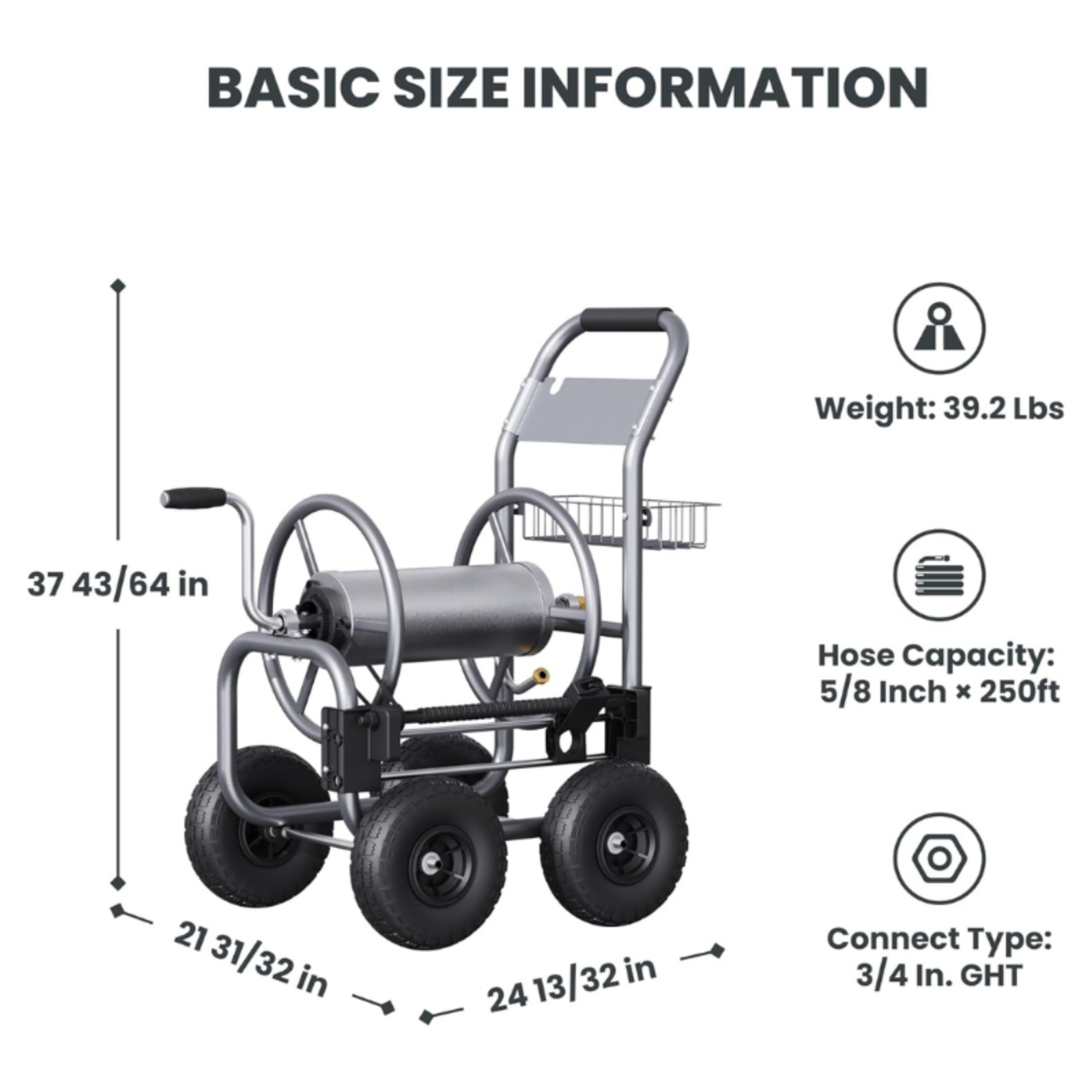Heavy Duty Garden Hose reel cart with dimensions and specifications on a white background