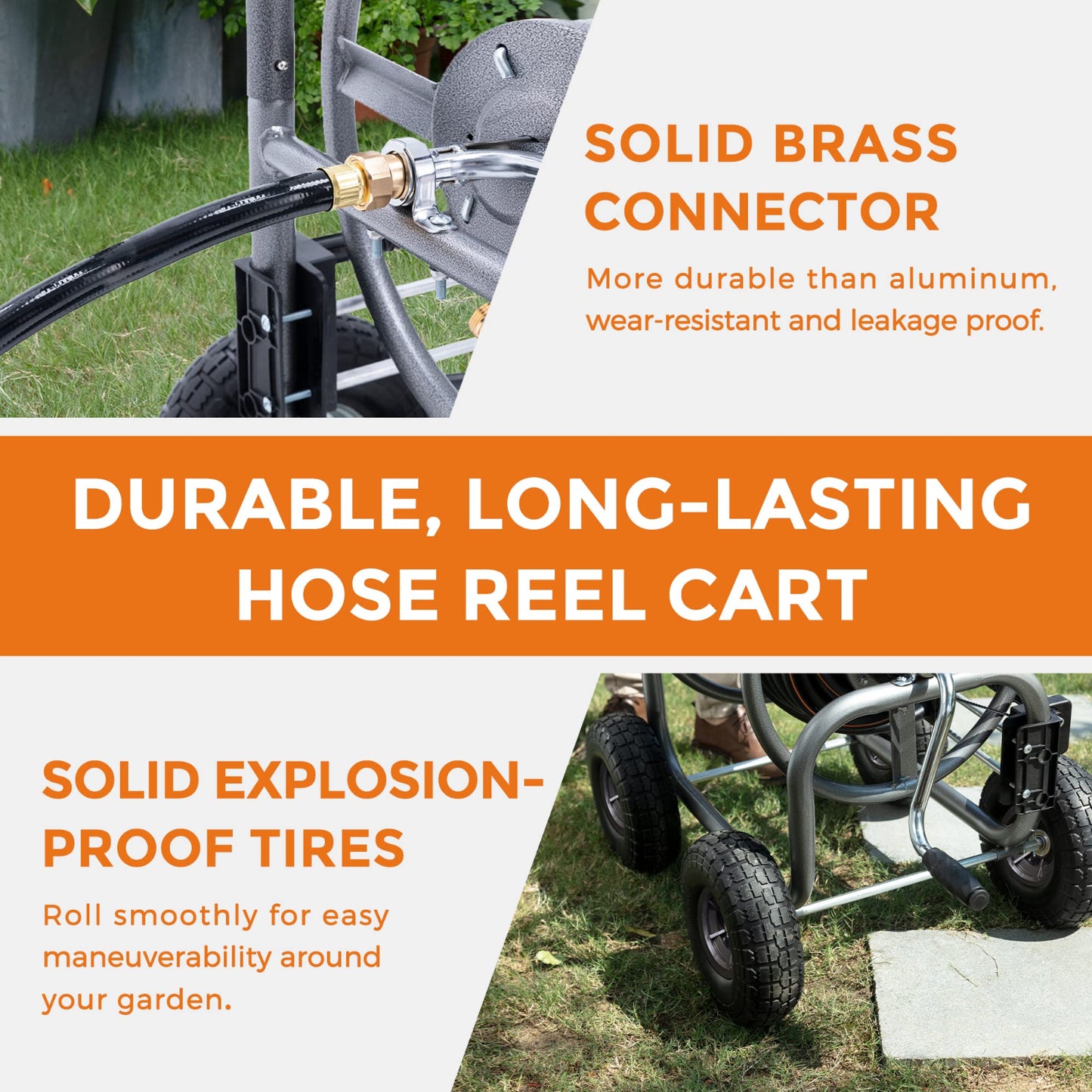 Heavy Duty Garden Hose reel cart with solid brass connector and solid explosion proof tires on grass indicating durability.