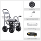 Heavy Duty Garden hose reel cart with features highlighted on a white background, including durable tires, ergonomic manual handle, basket for storage, and leader hose included.