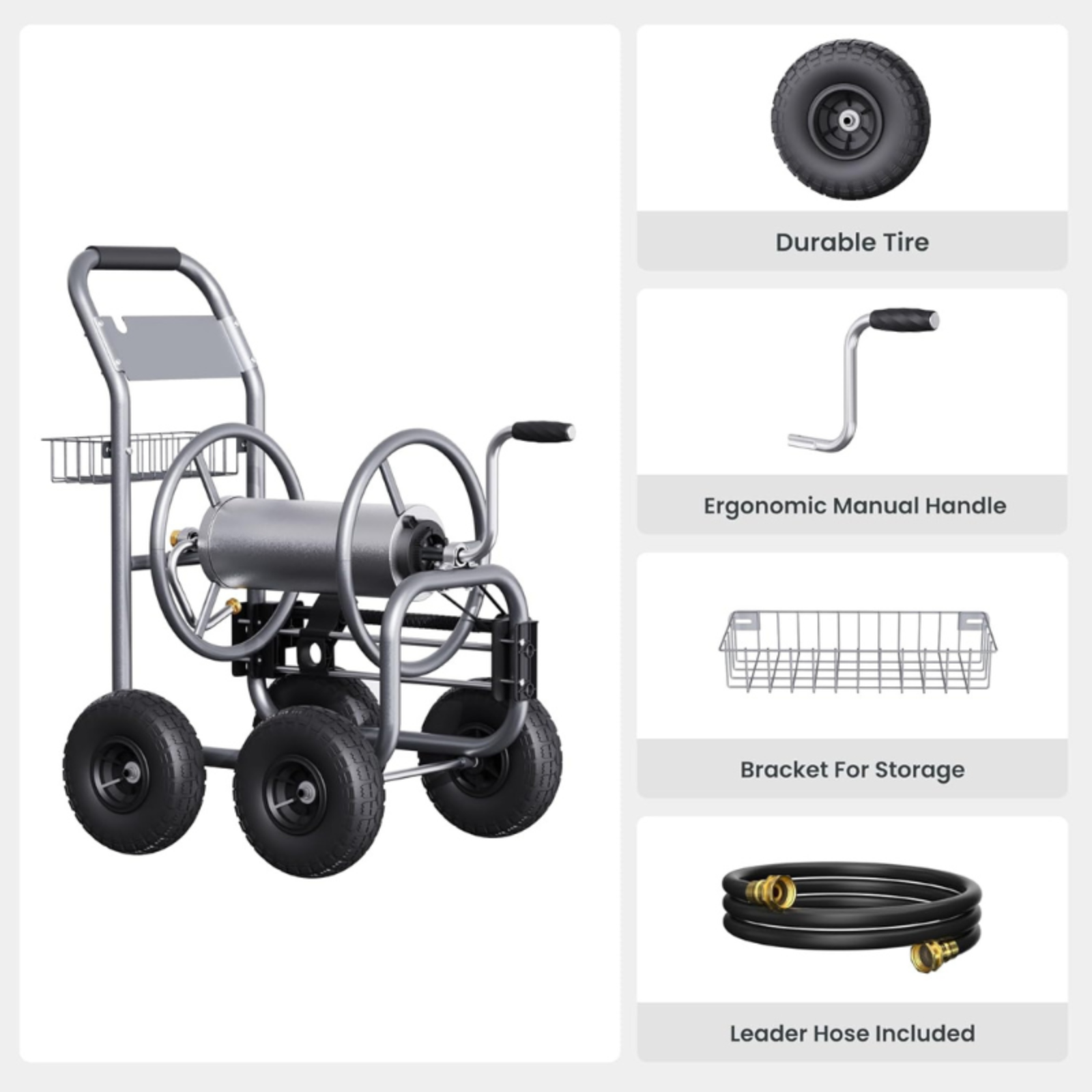Heavy Duty Garden hose reel cart with features highlighted on a white background, including durable tires, ergonomic manual handle, basket for storage, and leader hose included.