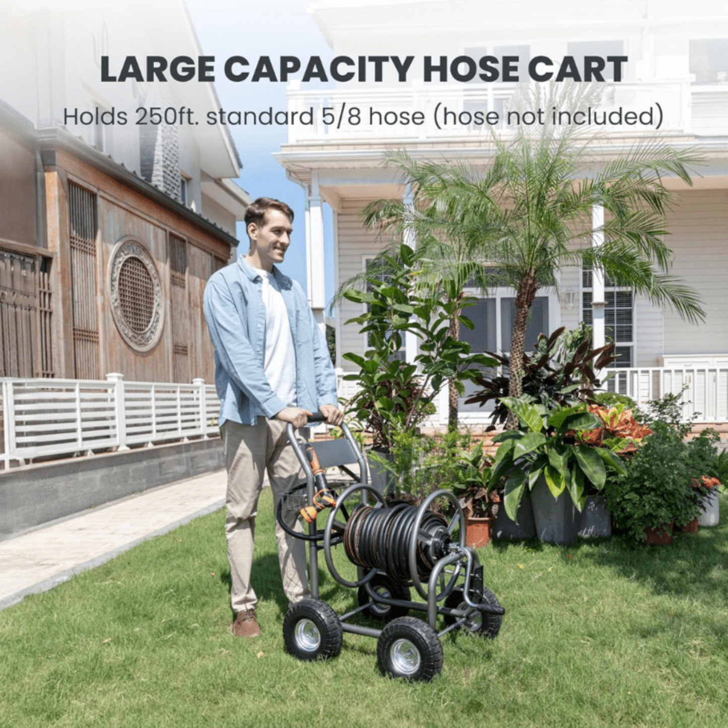 Man pushing a large capacity heavy duty garden hose cart in a garden setting with text indicating hose capacity up 250 feet of standard 5/8 hose.