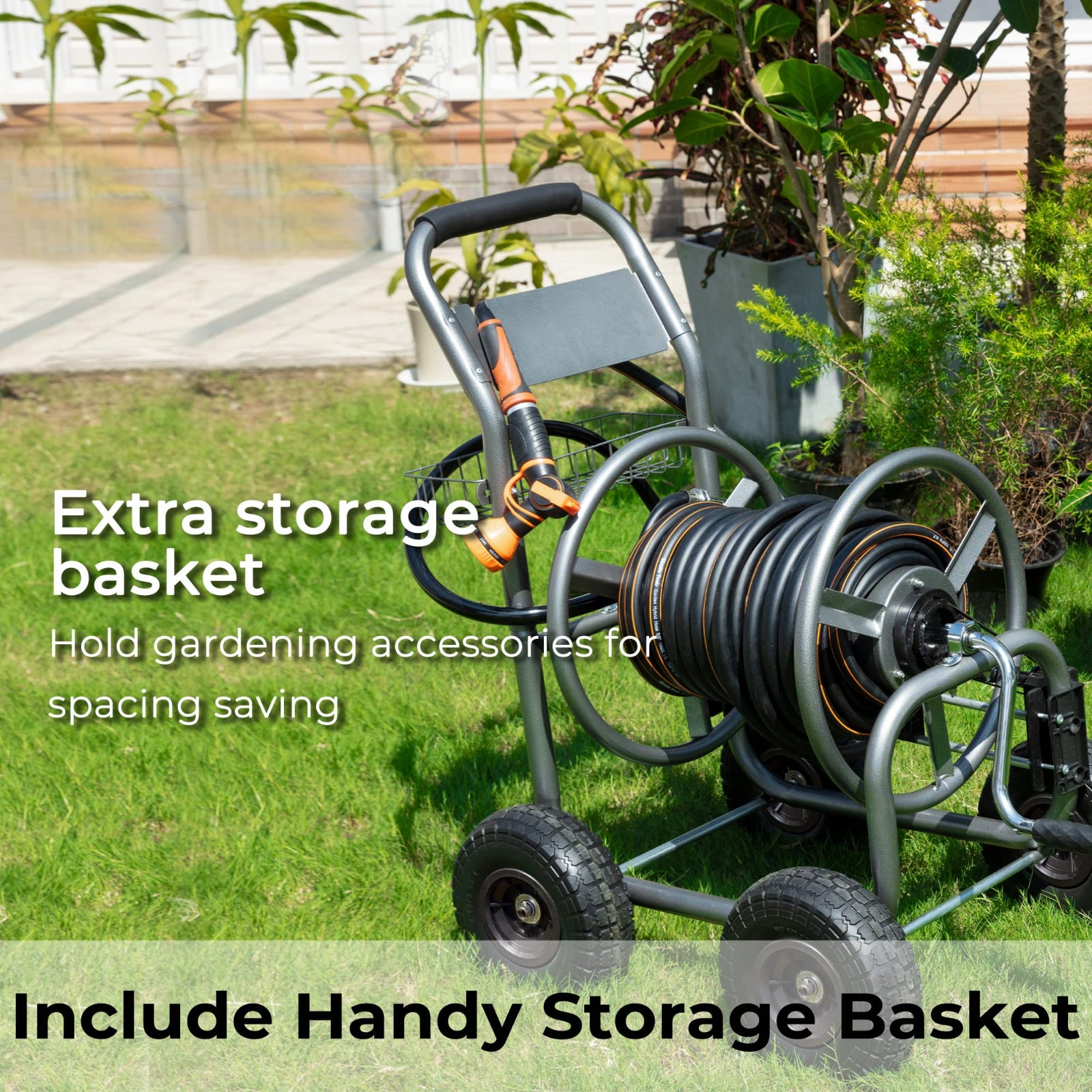 Heavy Duty garden hose reel cart with extra storage basket installed showing the cart sitting on grass