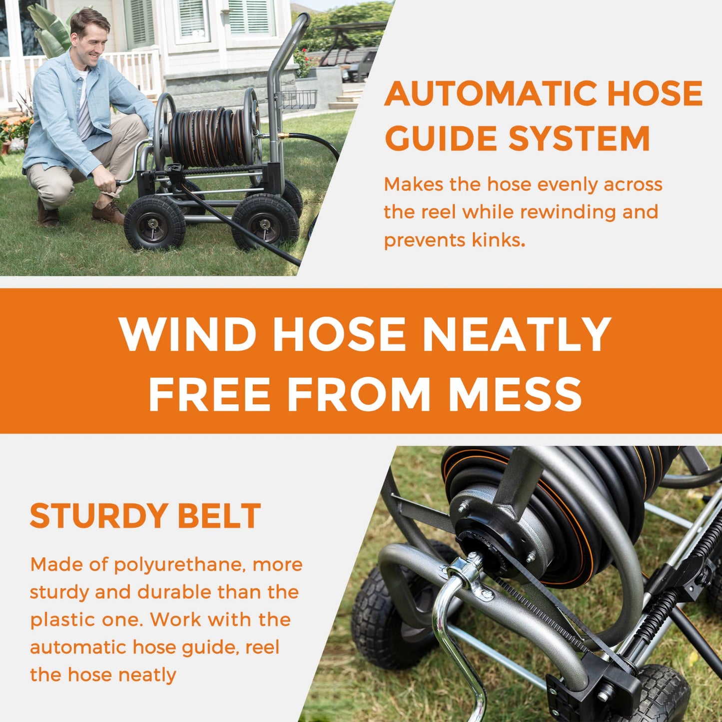 Image showing the automatic hose guide system and sturdy belt of the system on the Heavy Duty Garden Hose Reel Cart. 