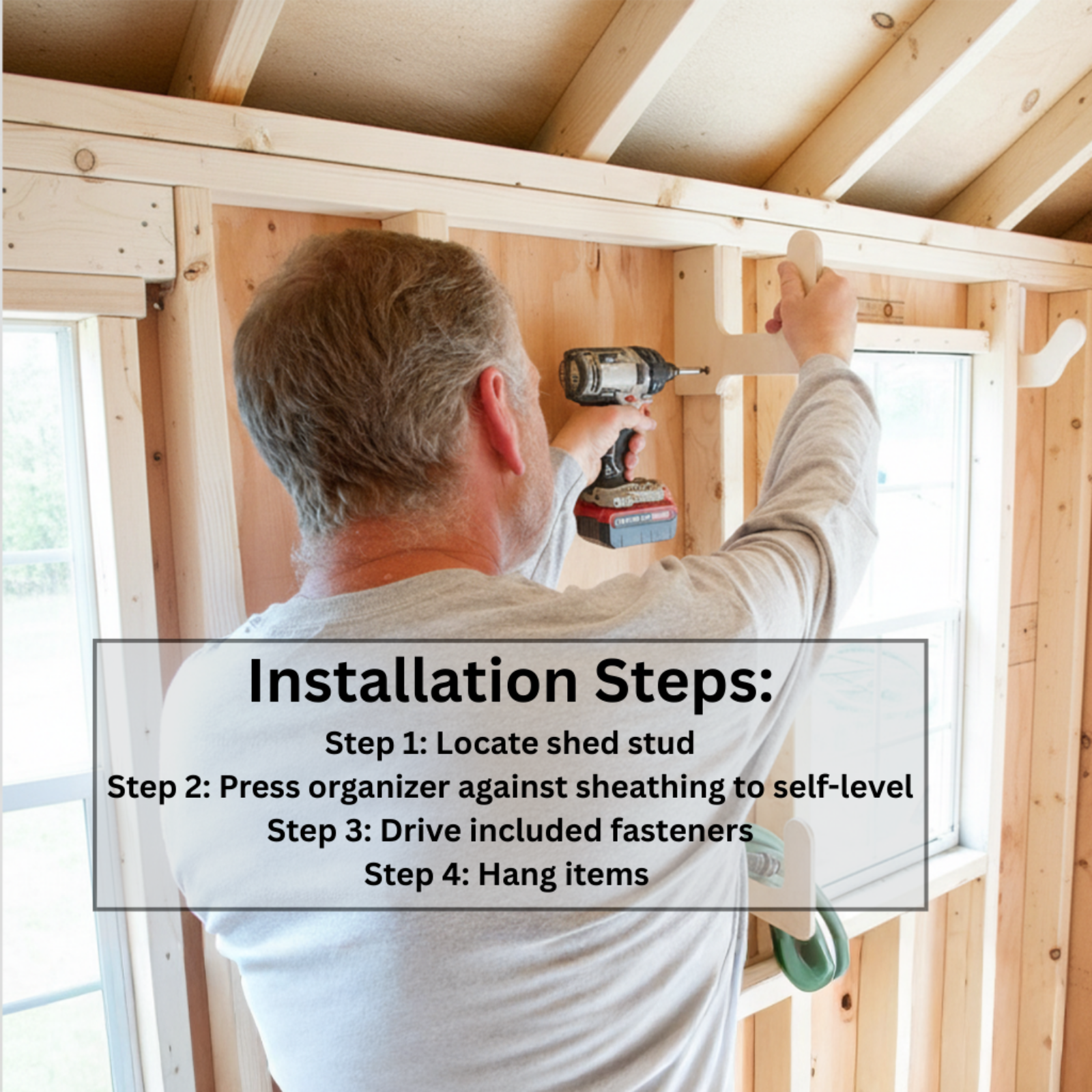 Installation guide for the stud-mounted heavy duty utility organizer showing four steps: locate studs, position organizer, drive included  fasteners, and end with hanging items on installed organizer.