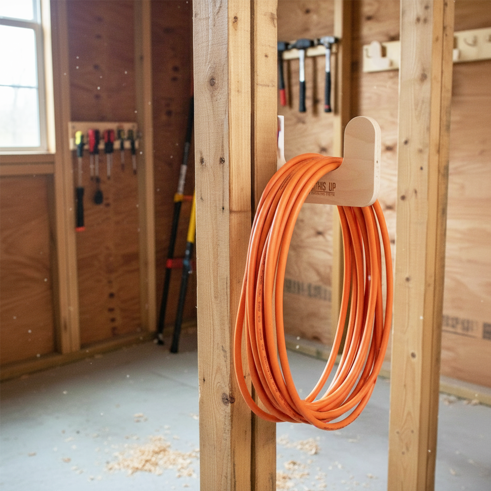 Stud-mounted utility organization rack holding an orange extension cord inside an unfinished shed wall.
