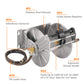 Heavy-duty wall-mounted stainless steel garden hose reel with features highlighted on a white background. Features include: stainless steel material, guide system regulator, ergonimic manual handle, holds up to 150 feel of 5/8 inch or 200 feet of /2 inch hose (not for 3/4 inch hose), 5 foot leader hose, and solid brass connect. 
