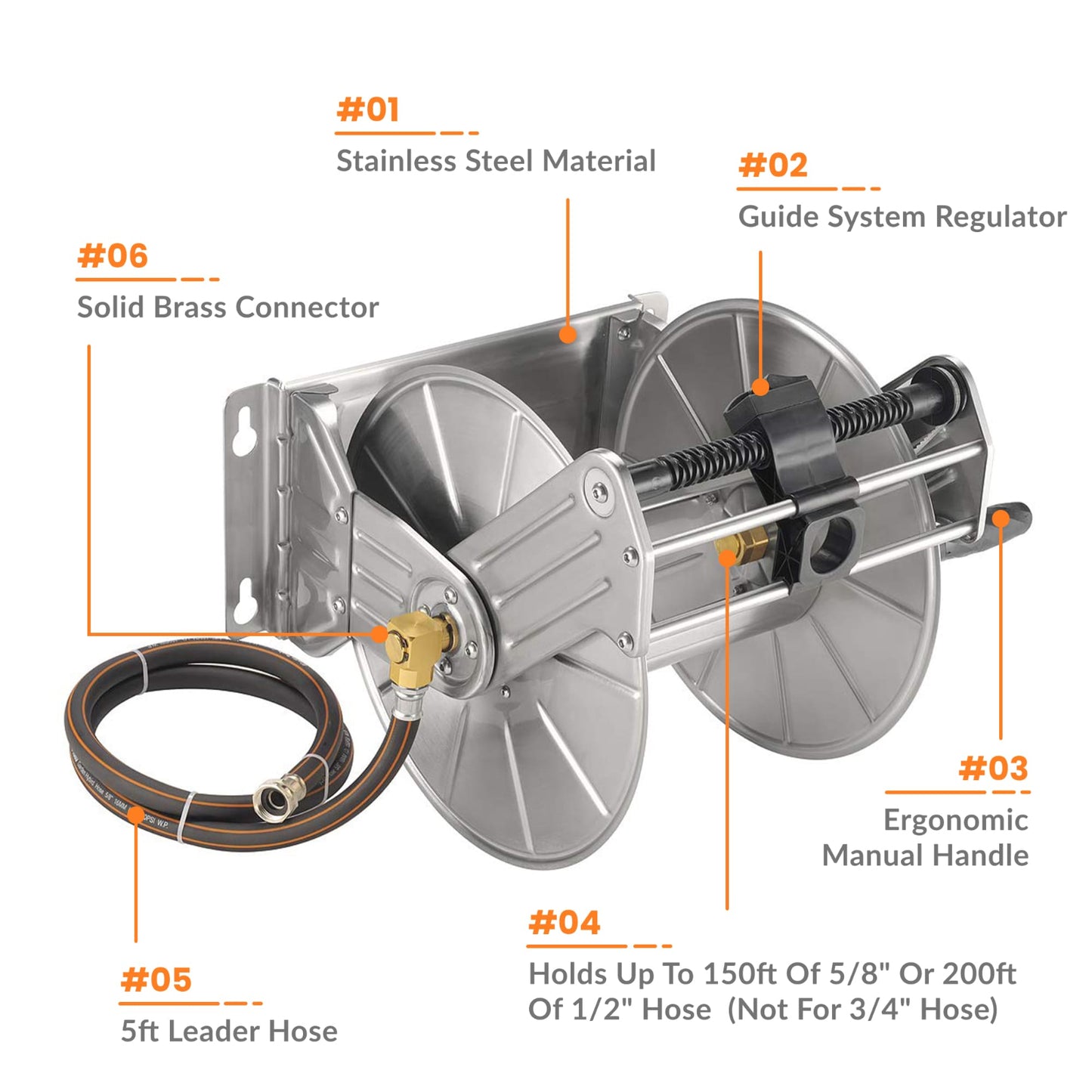 Heavy-duty wall-mounted stainless steel garden hose reel with features highlighted on a white background. Features include: stainless steel material, guide system regulator, ergonimic manual handle, holds up to 150 feel of 5/8 inch or 200 feet of /2 inch hose (not for 3/4 inch hose), 5 foot leader hose, and solid brass connect. 