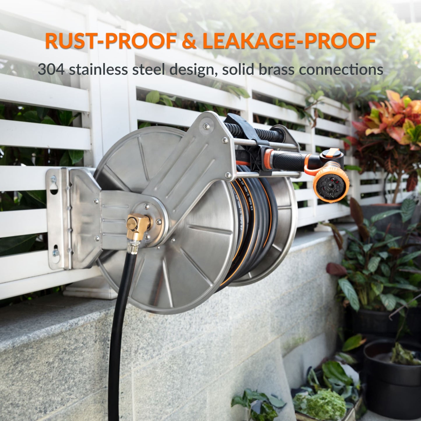 Rust-proof and leakage-proof stainless steel garden hose reel with 304 stainless steel design and solid brass connections, mounted on a wall.