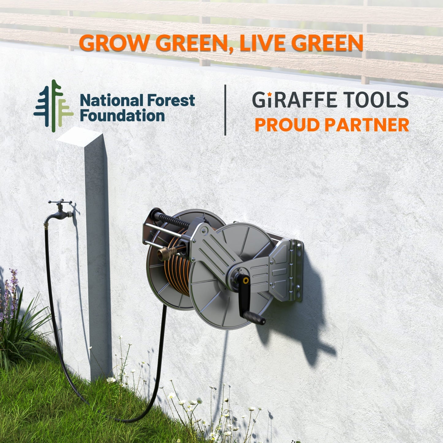Heavy-duty wall-mounted stainless steel installed on home exterior with Hose Reel with National Forest Foundation partnership noted.