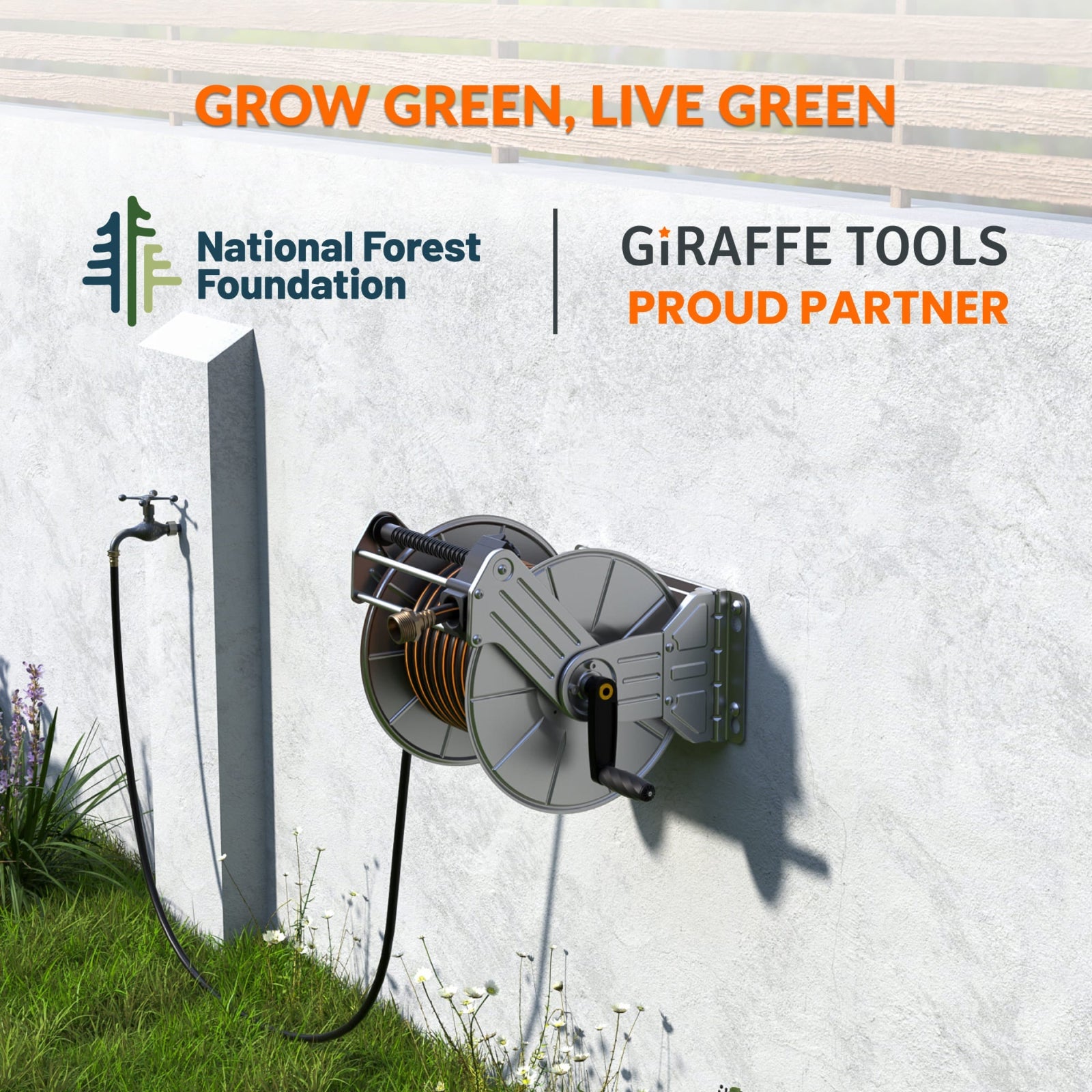 Heavy-duty wall-mounted stainless steel installed on home exterior with Hose Reel with National Forest Foundation partnership noted.