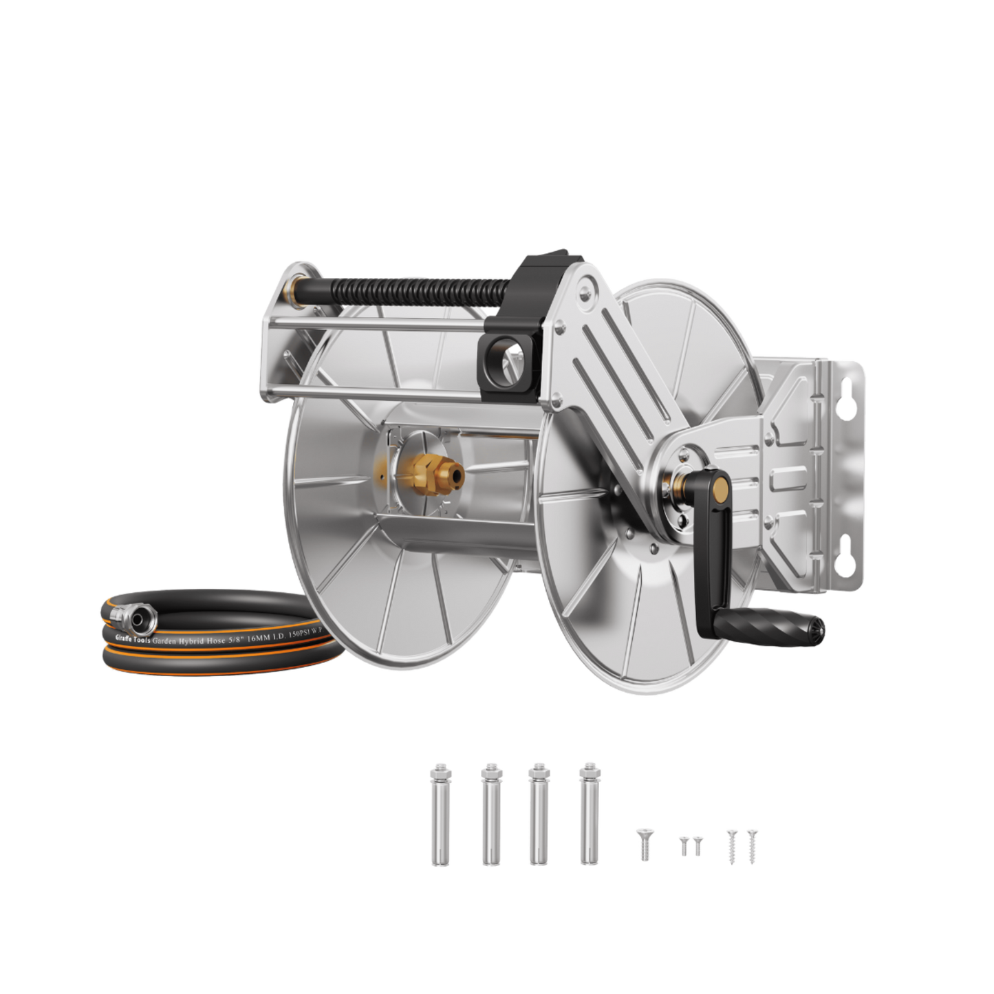 Heavy-Duty Wall-Mounted Stainless Steel Garden Hose Reel with hose and fasteners on a white background.
