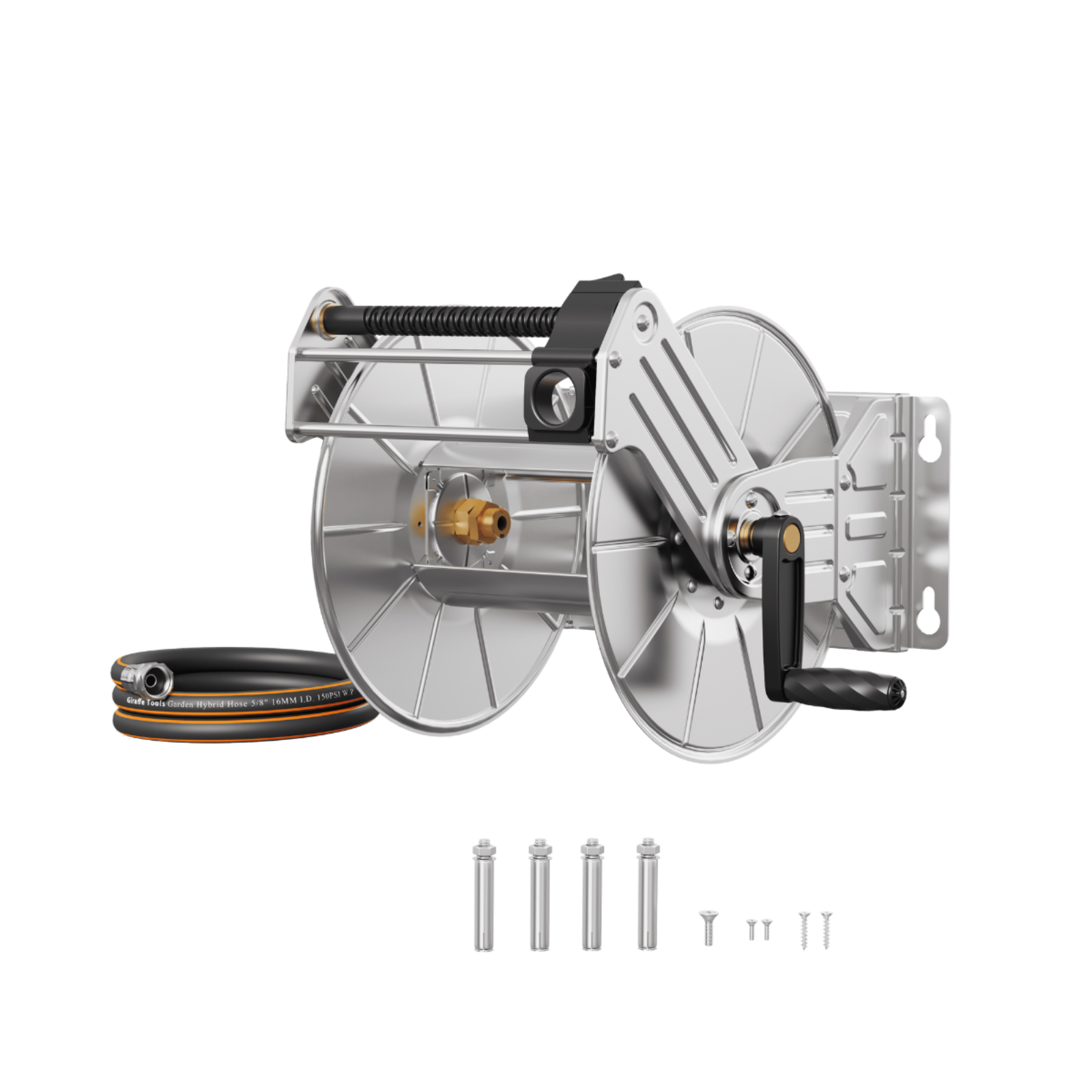 Heavy-Duty Wall-Mounted Stainless Steel Garden Hose Reel with hose and fasteners on a white background.