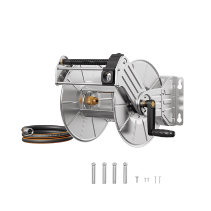 Heavy-Duty Wall-Mounted Stainless Steel Garden Hose Reel with hose and fasteners on a white background.