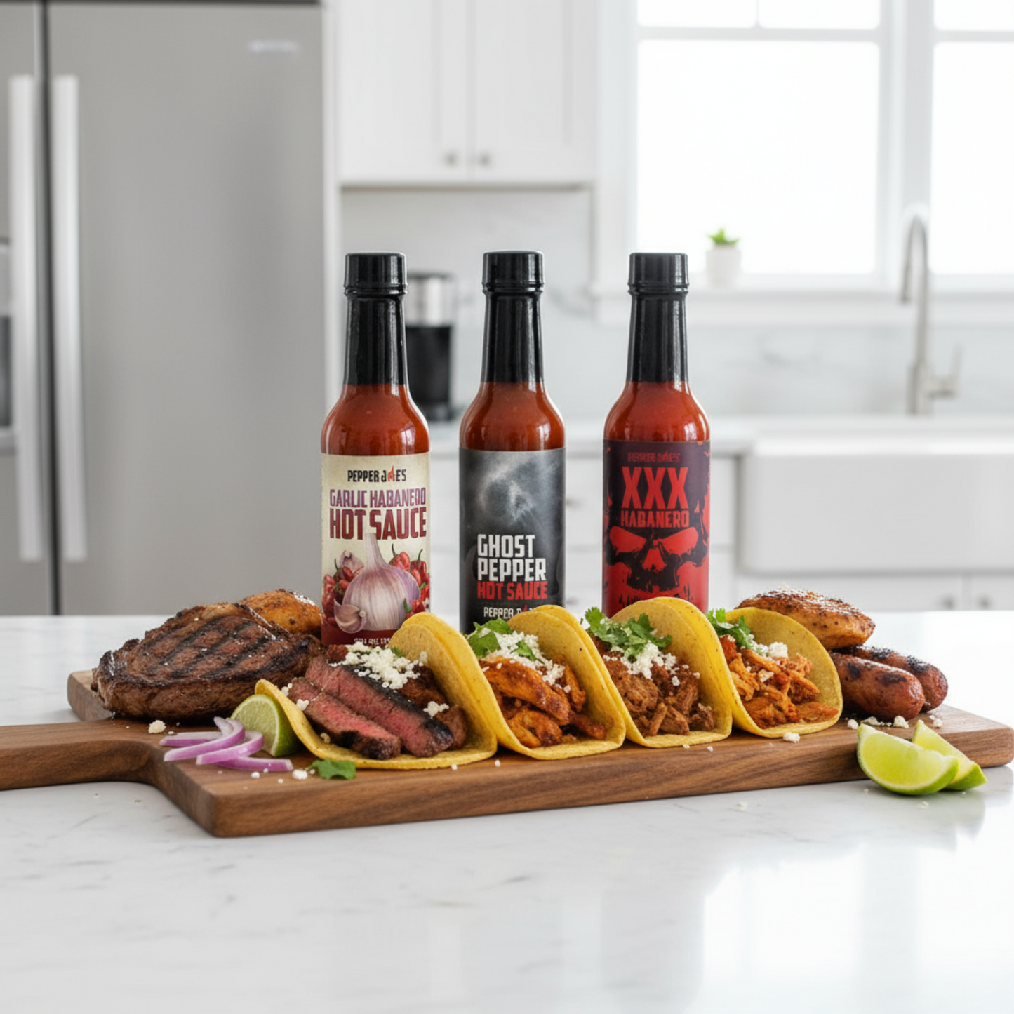 One bottle each of Garlic Habanero, Ghost Pepper, and XXX Habanero hot sauces including in the Hottest Hot Sauce Gift Box on a white kitchen counter beside a wood cutting board of tacos and grilled meats.