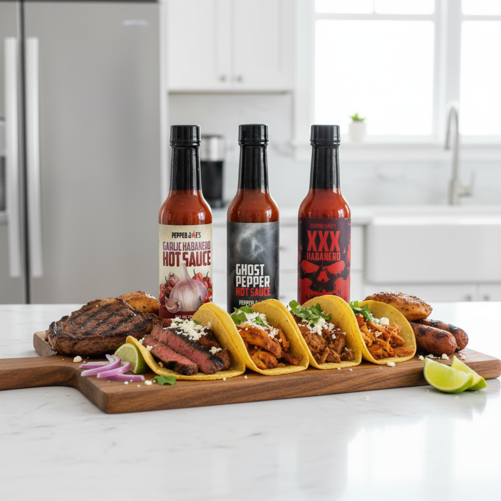 One bottle each of Garlic Habanero, Ghost Pepper, and XXX Habanero hot sauces including in the Hottest Hot Sauce Gift Box on a white kitchen counter beside a wood cutting board of tacos and grilled meats.