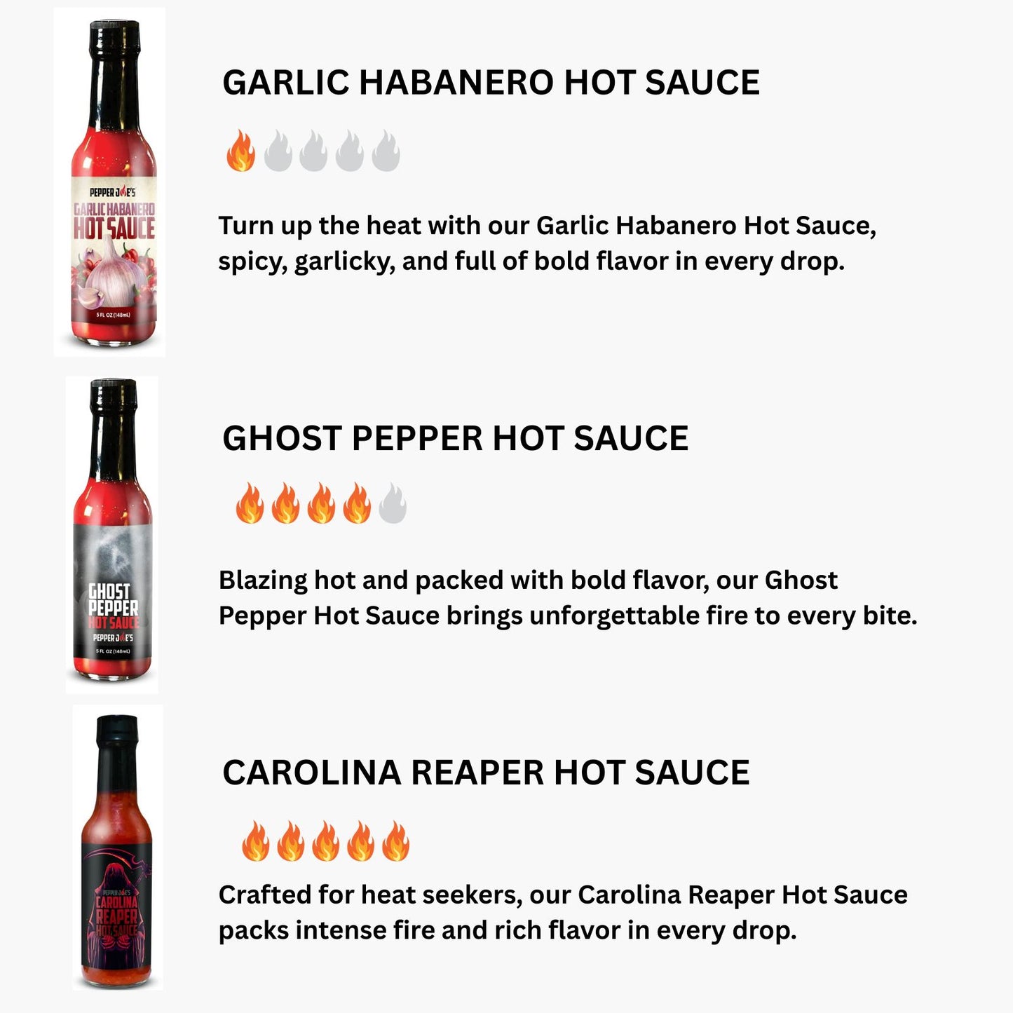 Pepper Joe's Hottest hot sauce gift box flavor options that includes one bottle each of Garlic Habanero, Ghost Pepper, and Carolina Reaper with descriptions beside each bottle with flavor notes and indicating a value out of 5 for heat level for all three sauces.