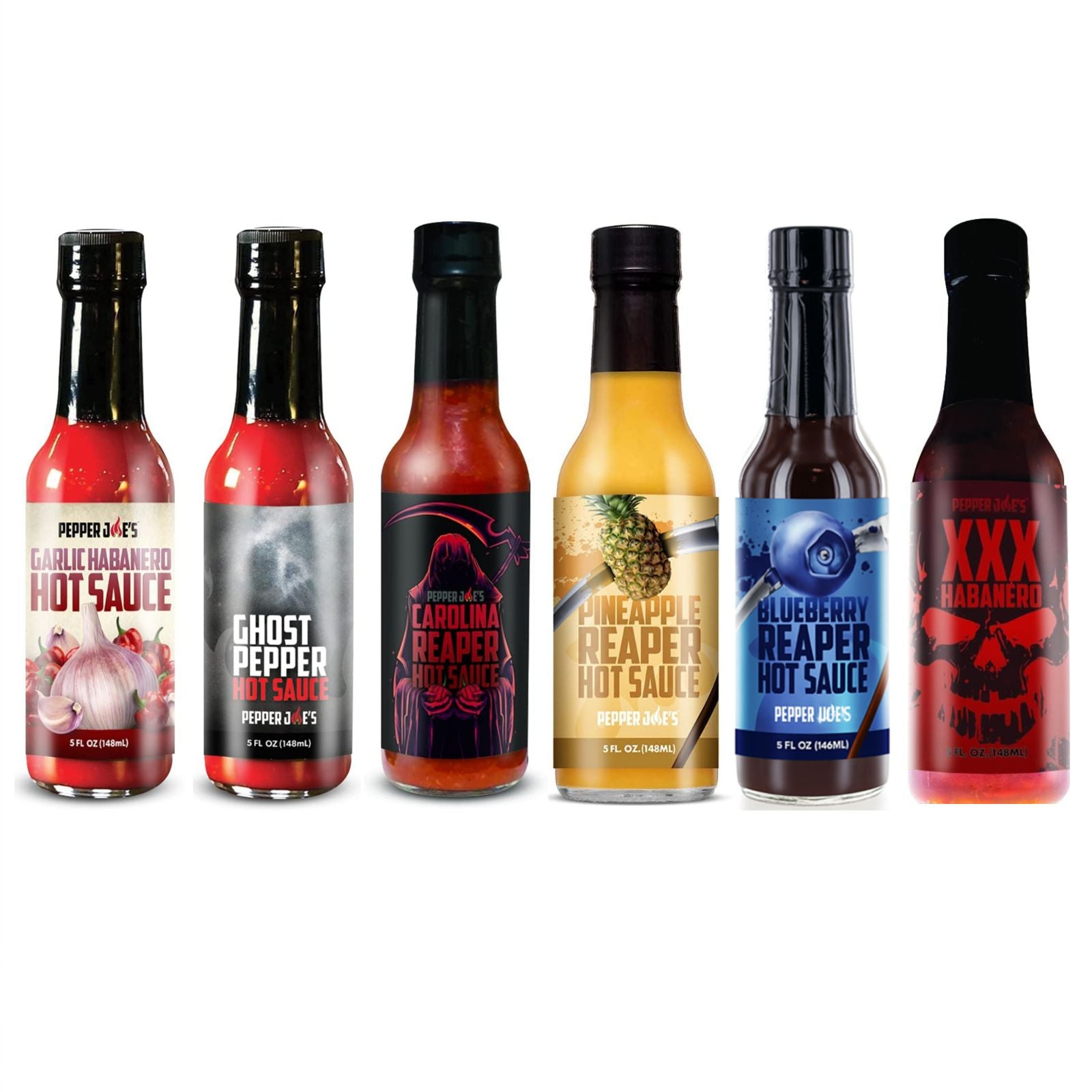 Pepper Joe's Hottest hot sauce gift box  that includes one bottle each of Garlic Habanero, Ghost Pepper, Carolina Reaper, Pineapple Reaper, Blueberry Reaper, and XXX Habanero sauces on a white background