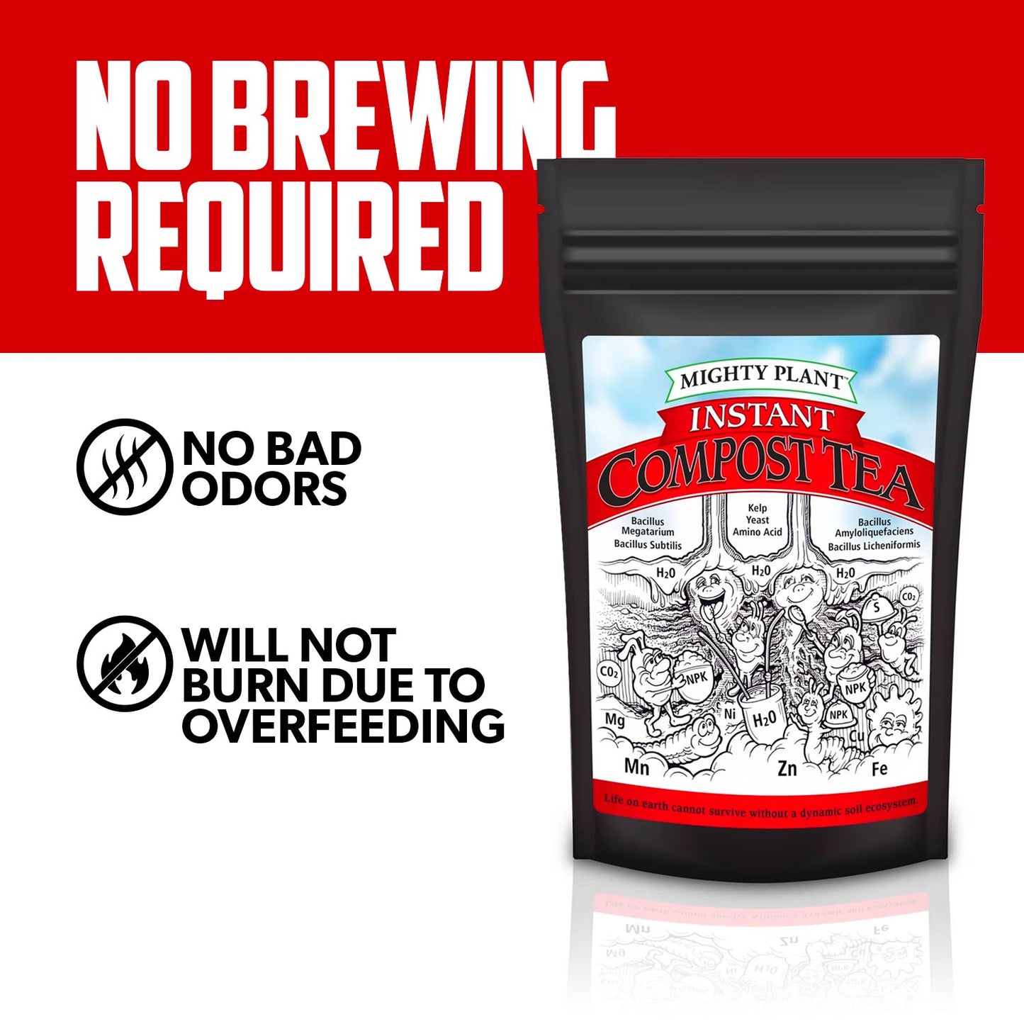 Instant Compost Tea graphic saying no brewing required