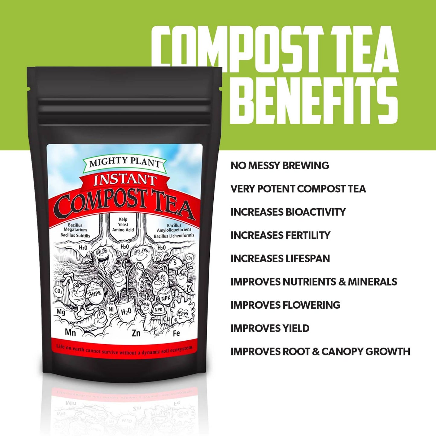 Mighty Plant Instant Compost Tea package with benefits listed on a green and white background including: no messy brewing, very potent compost tea, increases bioactivity, increases fertility, increases lifespan, improves nutrients and minerals, improves flowering, improves yield, and improves root and canopy growth.