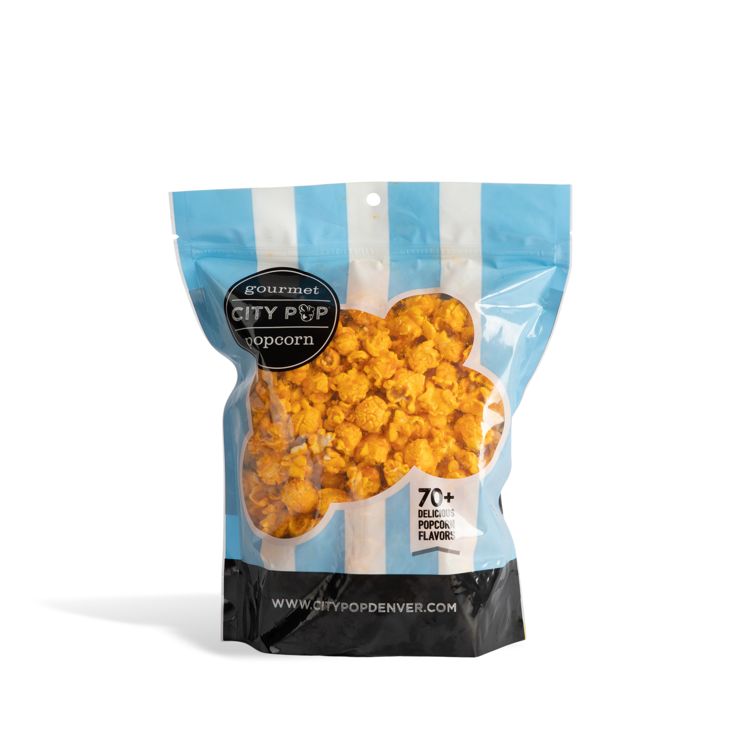 Bag of City Pop Jalapeno Cheddar popcorn with blue and white striped design on a white background