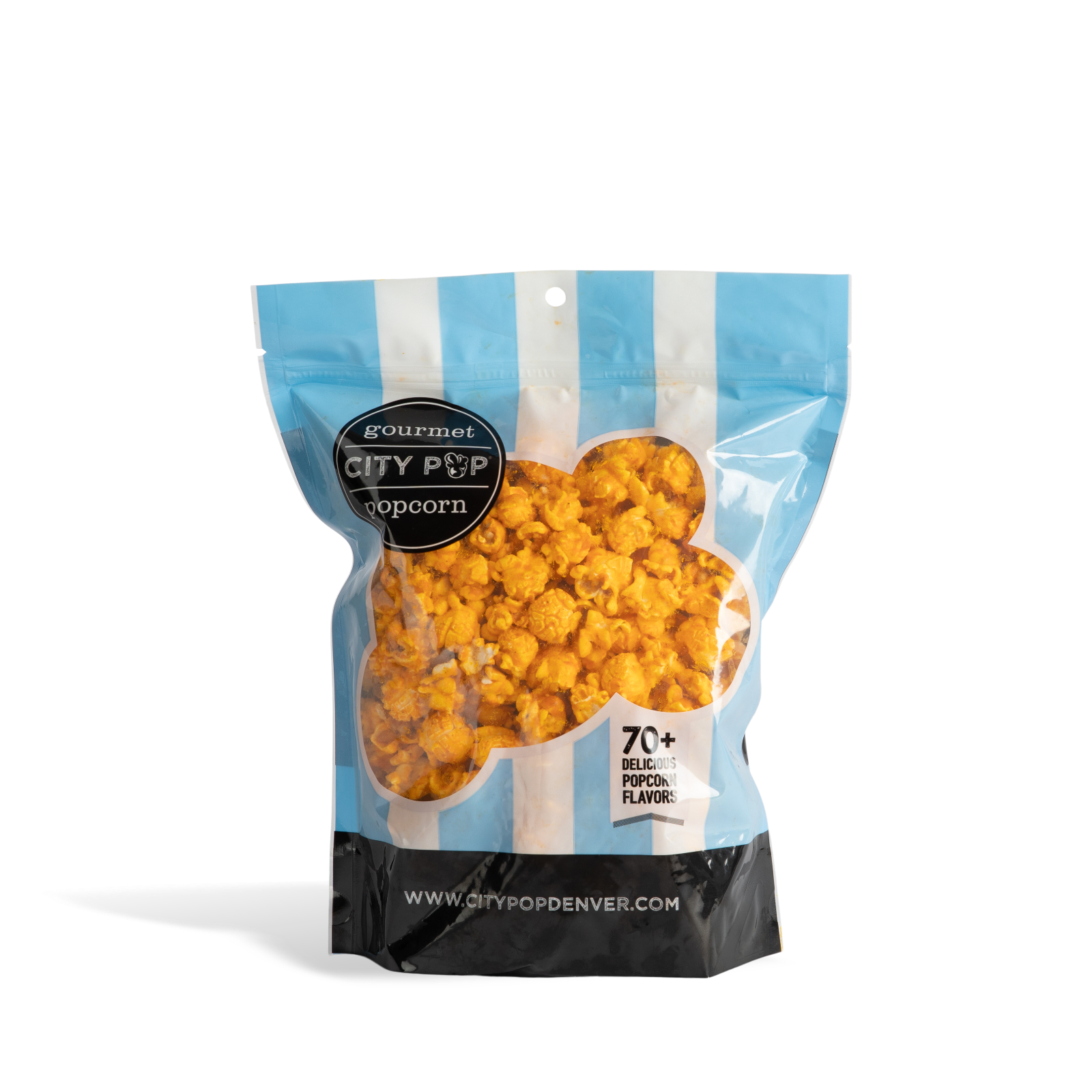 Bag of City Pop Jalapeno Cheddar popcorn with blue and white striped design on a white background