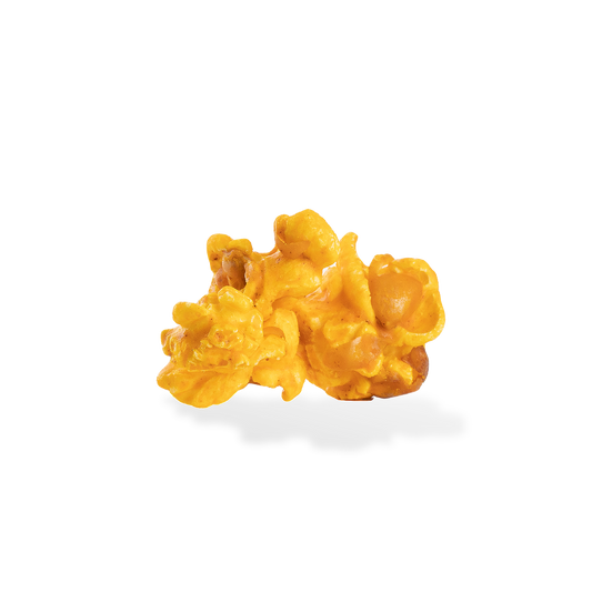 Three pieces of Jalapeno Cheddar popcorn on a white background
