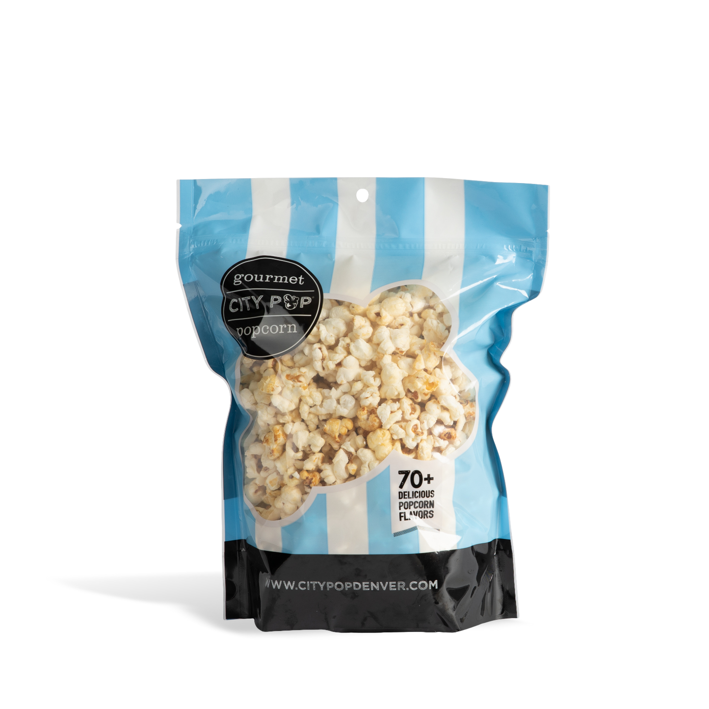 Bag of City Pop Kettle popcorn with blue and white striped design on a white background