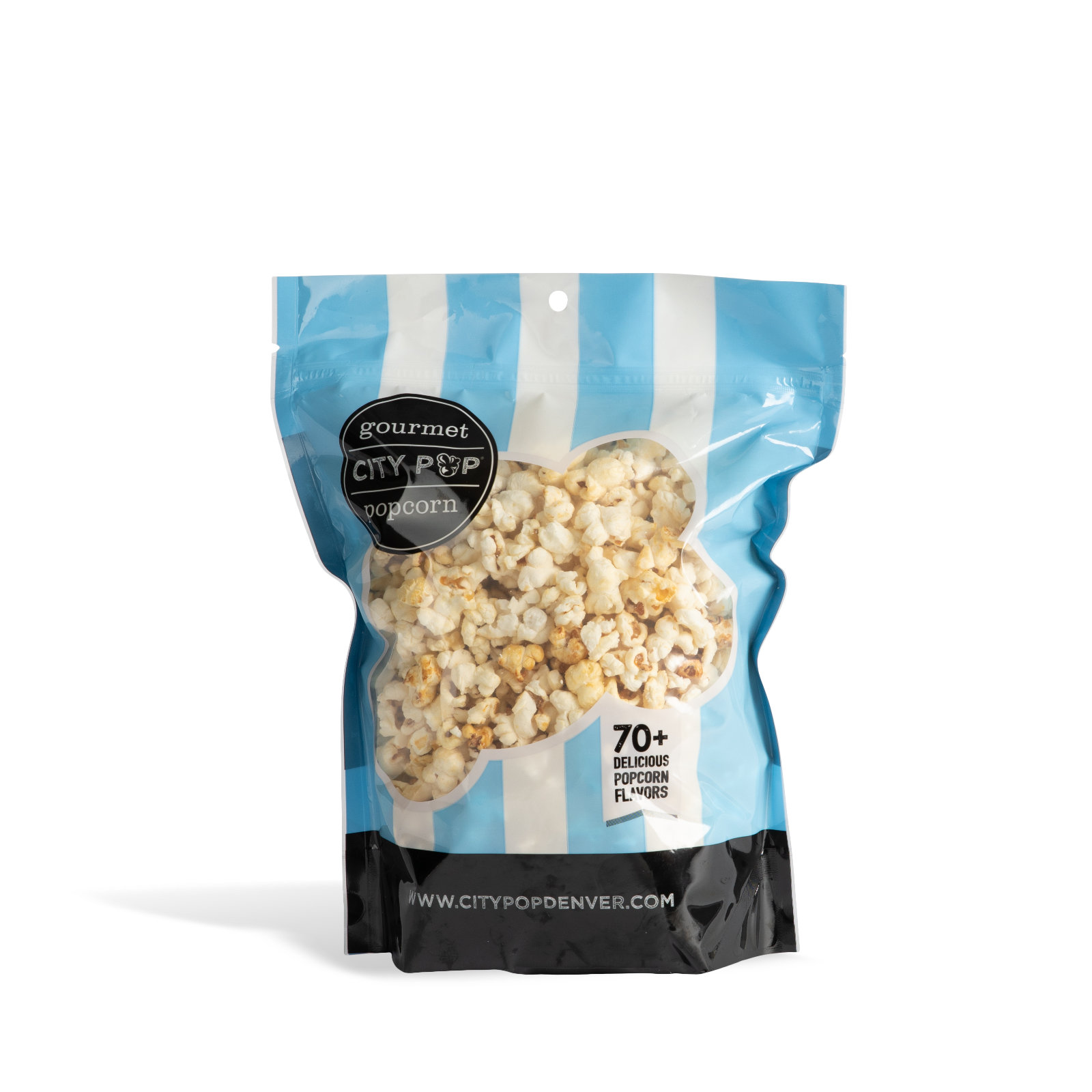 Bag of City Pop Kettle popcorn with blue and white striped design on a white background