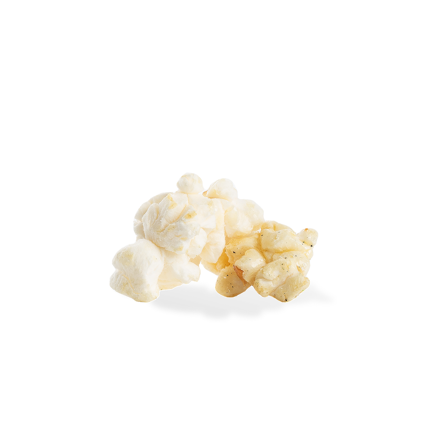 Three pieces of Kettle popcorn on a white background