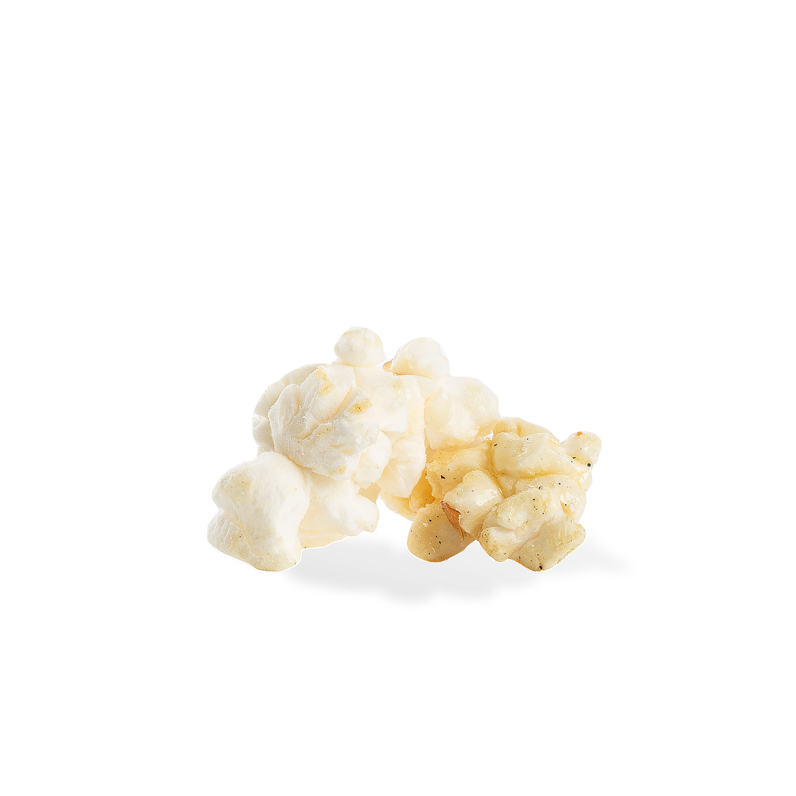 Three pieces of Kettle popcorn on a white background