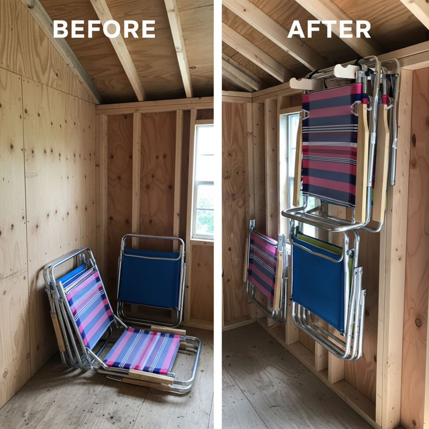 Before and after comparison showing lawn chairs cluttering the floor inside an unfinished shed versus neatly organized on the stud-mounted lawn chair organization rack.
