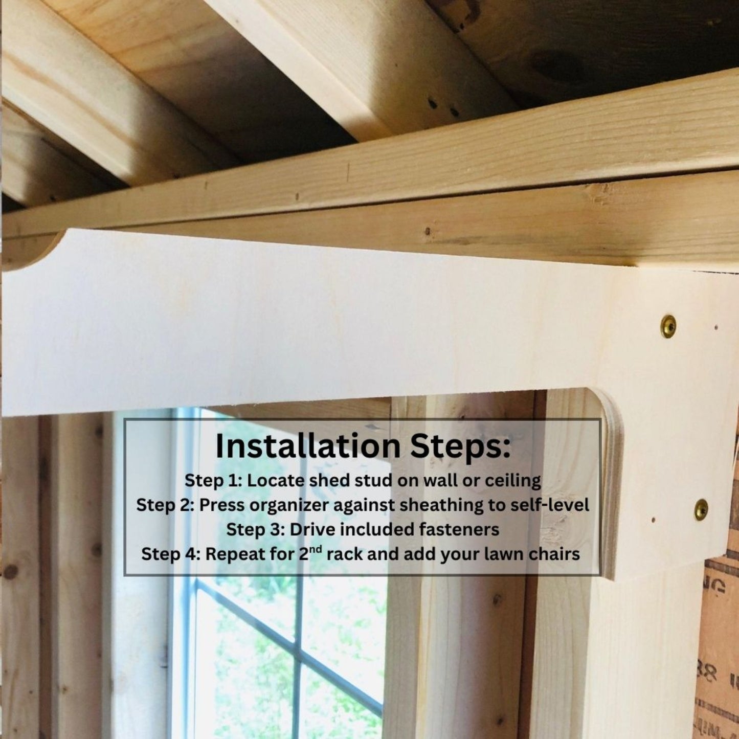 Installation guide for the stud-mounted lawn chair organizer showing four steps: locate studs, position organizer, drive fasteners, repeat for second rack, and add your lawn chairs.