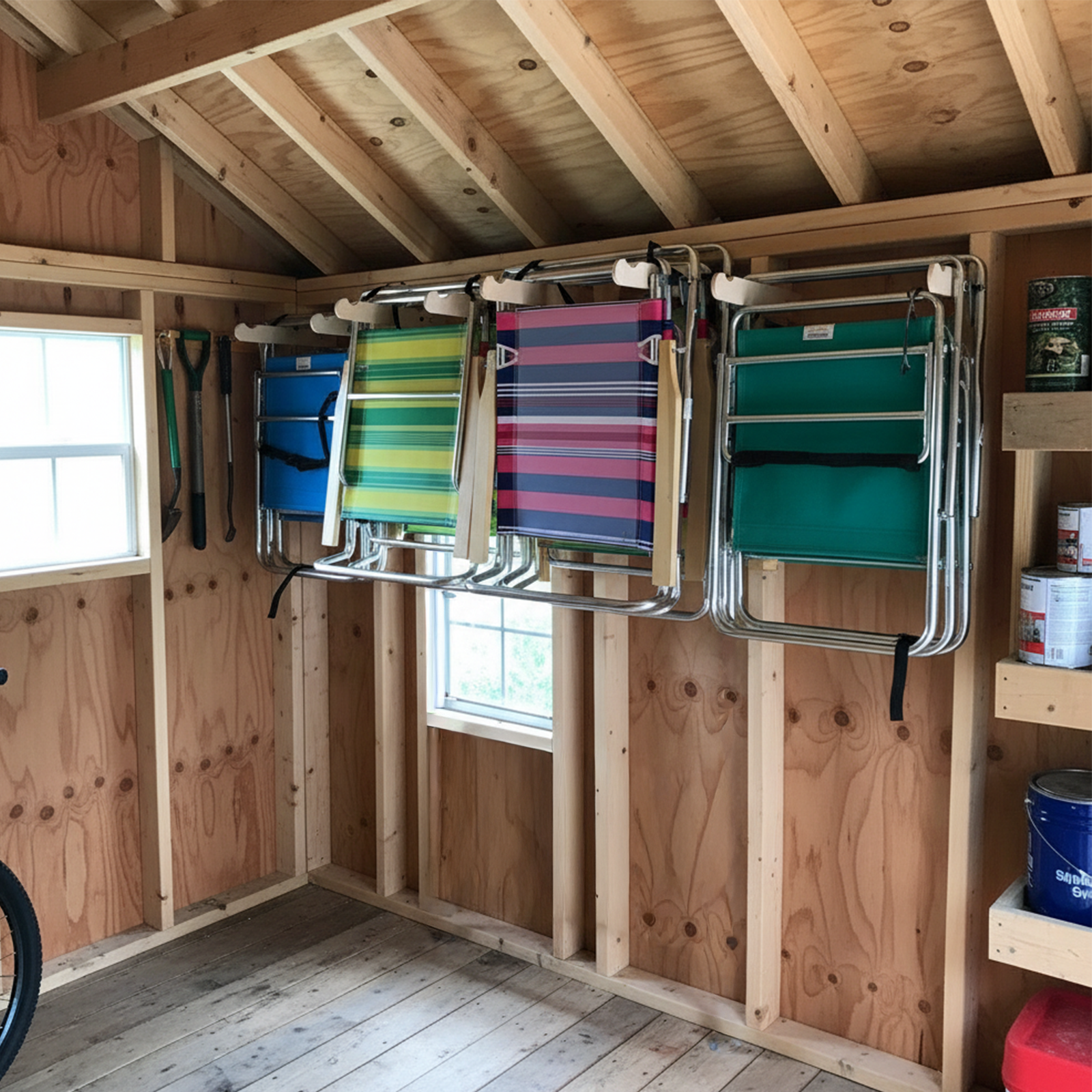 Stud-mounted lawn chair organization rack holding multiple lawn chairs, neatly organized inside an unfinished shed wall.