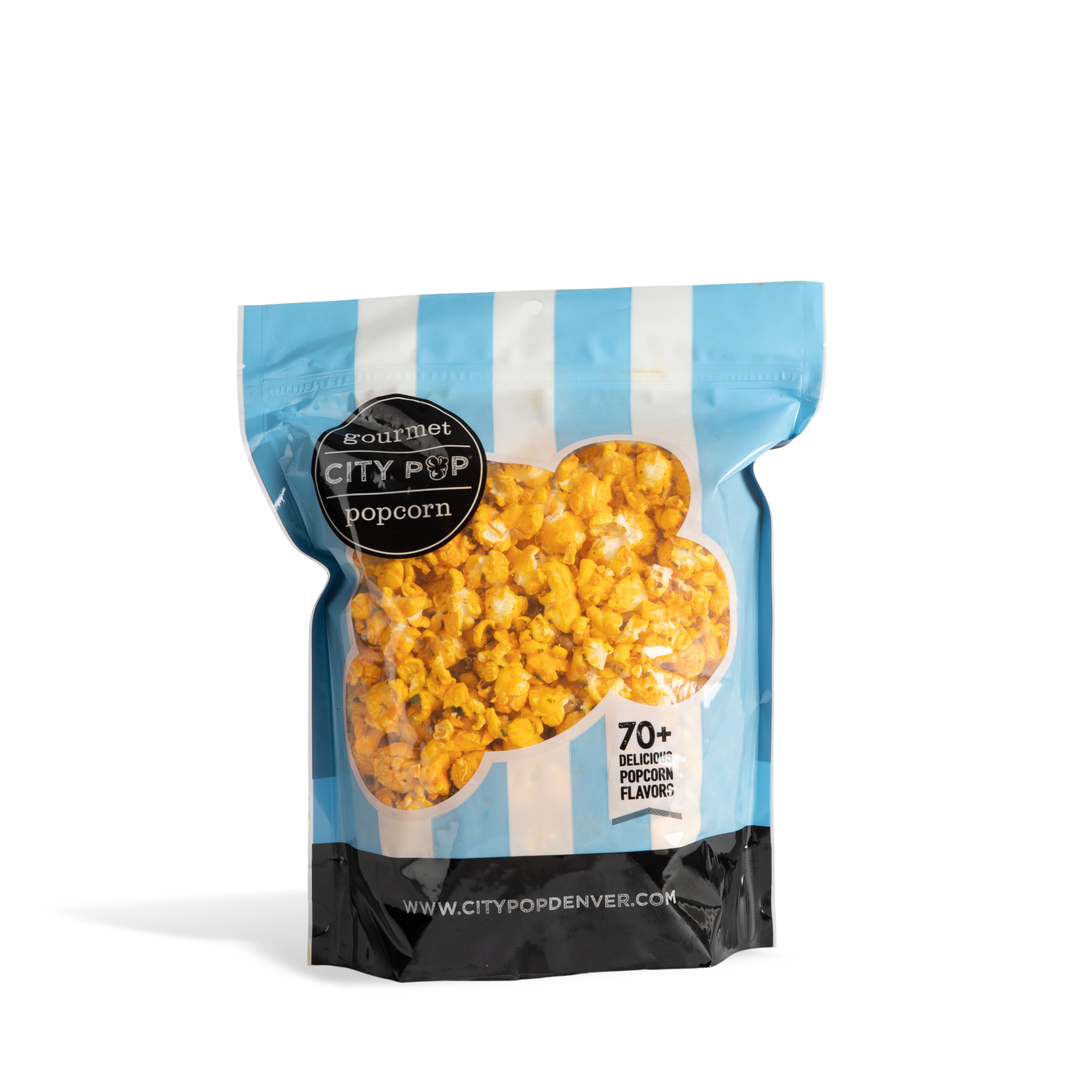 Bag of City Pop Loaded Potato popcorn with blue and white striped design on a white background