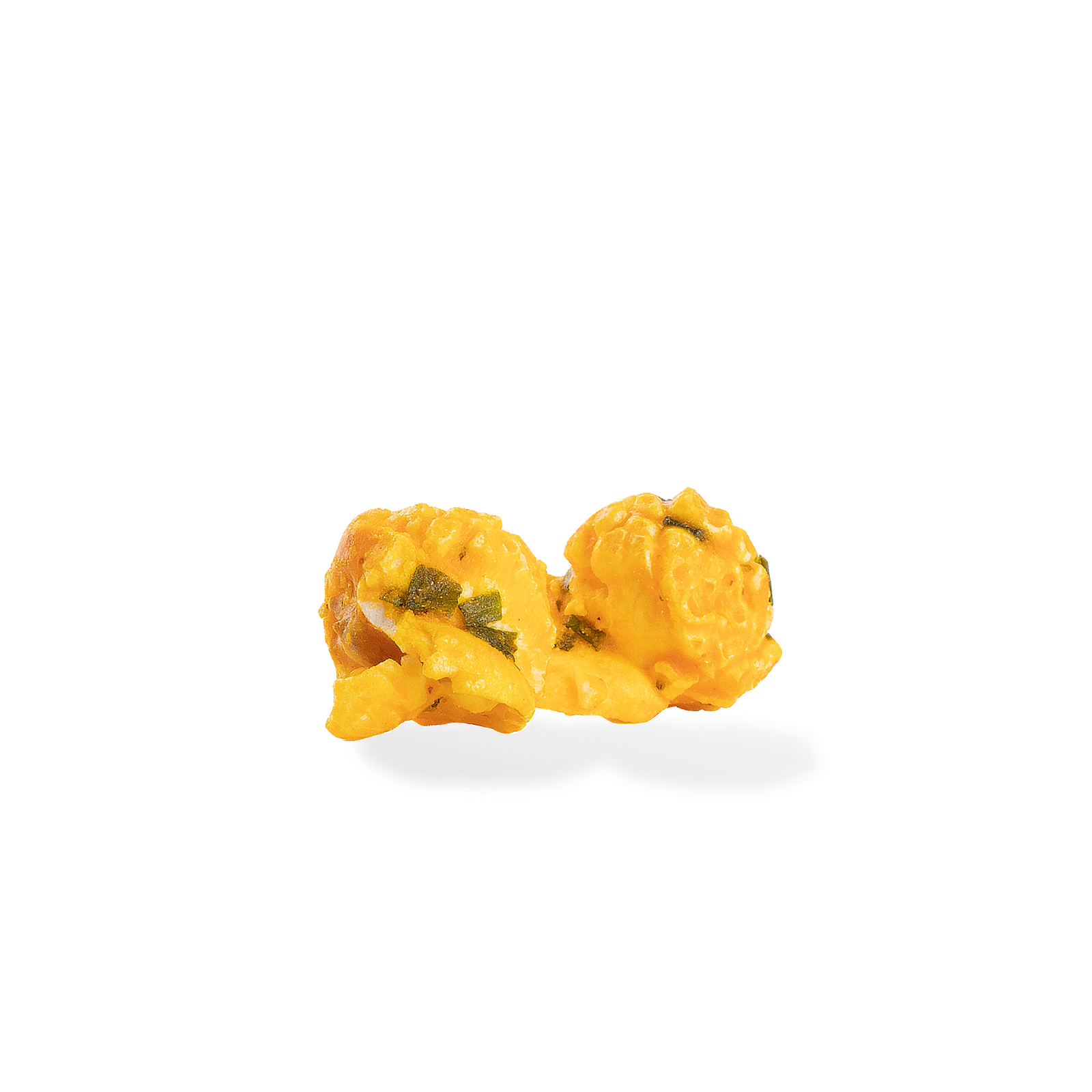 Three pieces of Loaded Potato popcorn on a white background