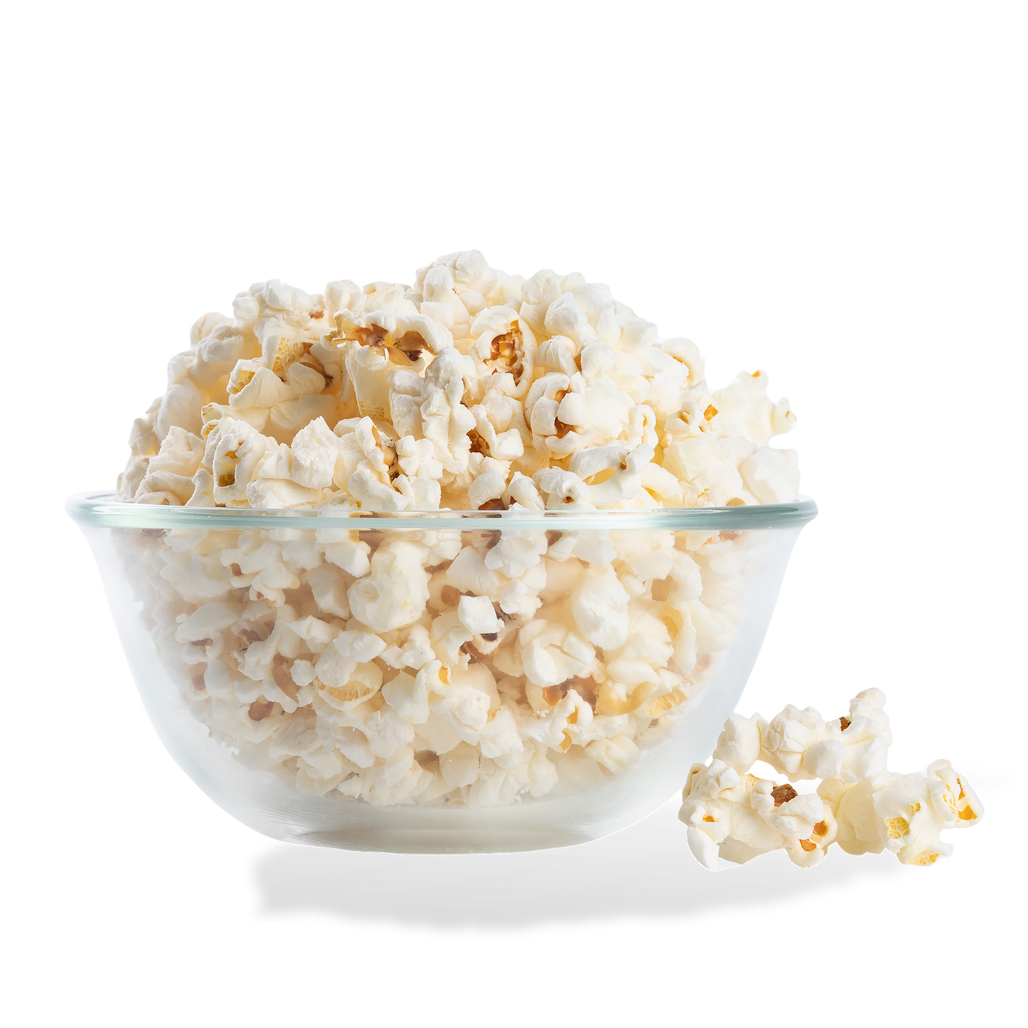 Low Salt Popcorn popped in a bowl on a white background