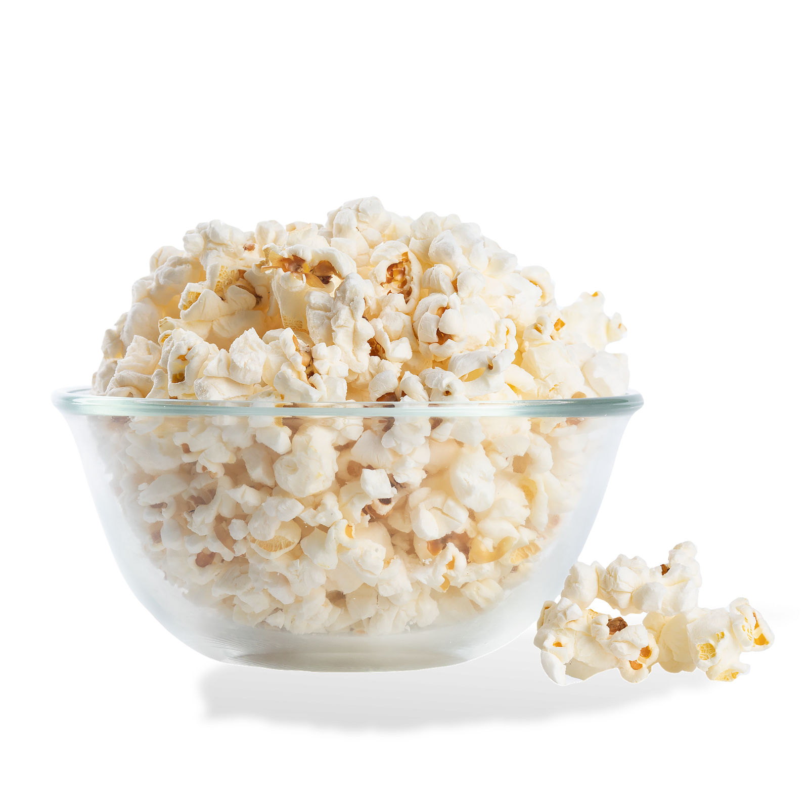 Low Salt Popcorn popped in a bowl on a white background