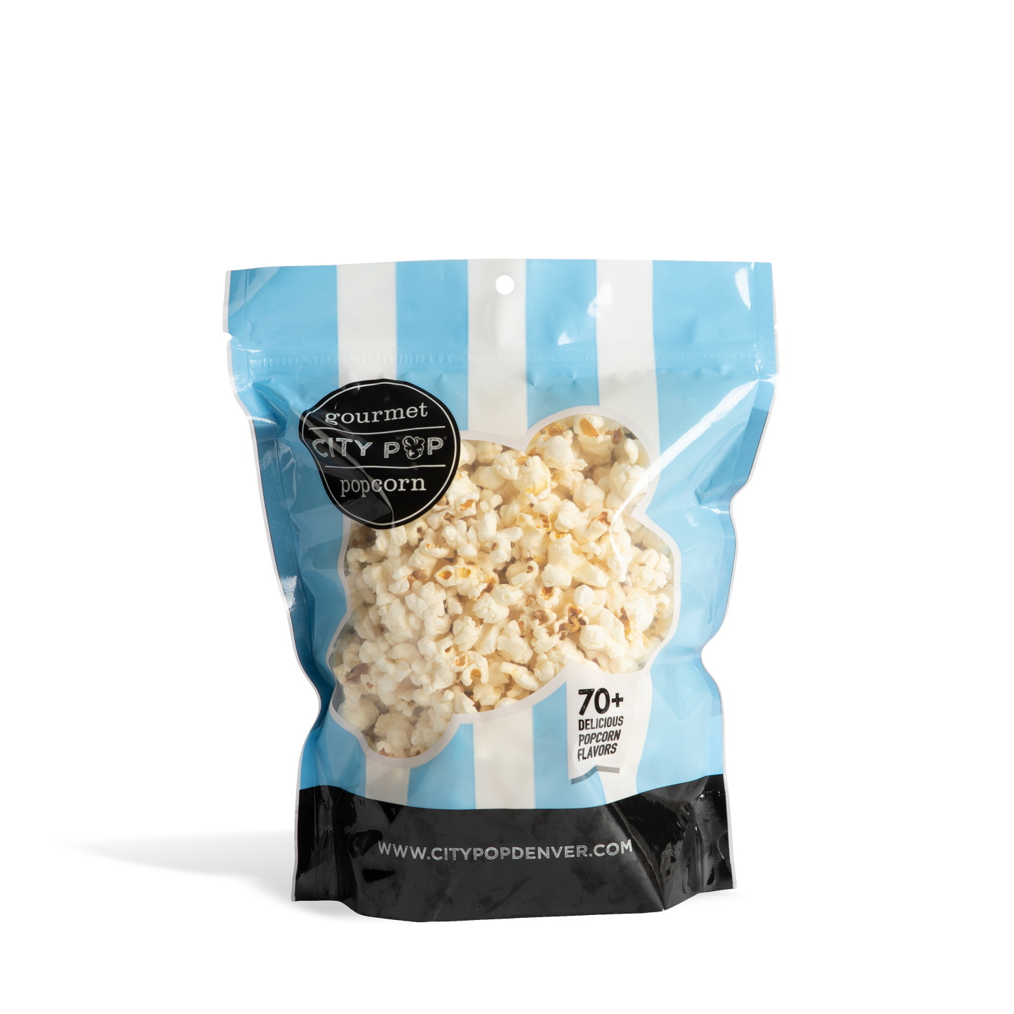 Bag of City Pop Low Salt popcorn with blue and white striped design on a white background
