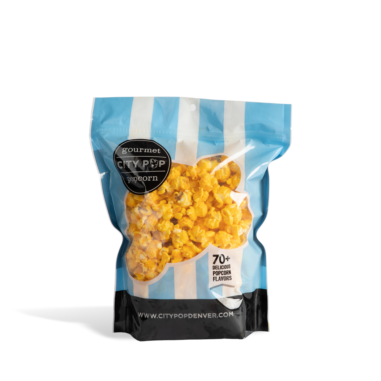 Bag of City Pop Mac and Cheese popcorn with blue and white striped design on a white background
