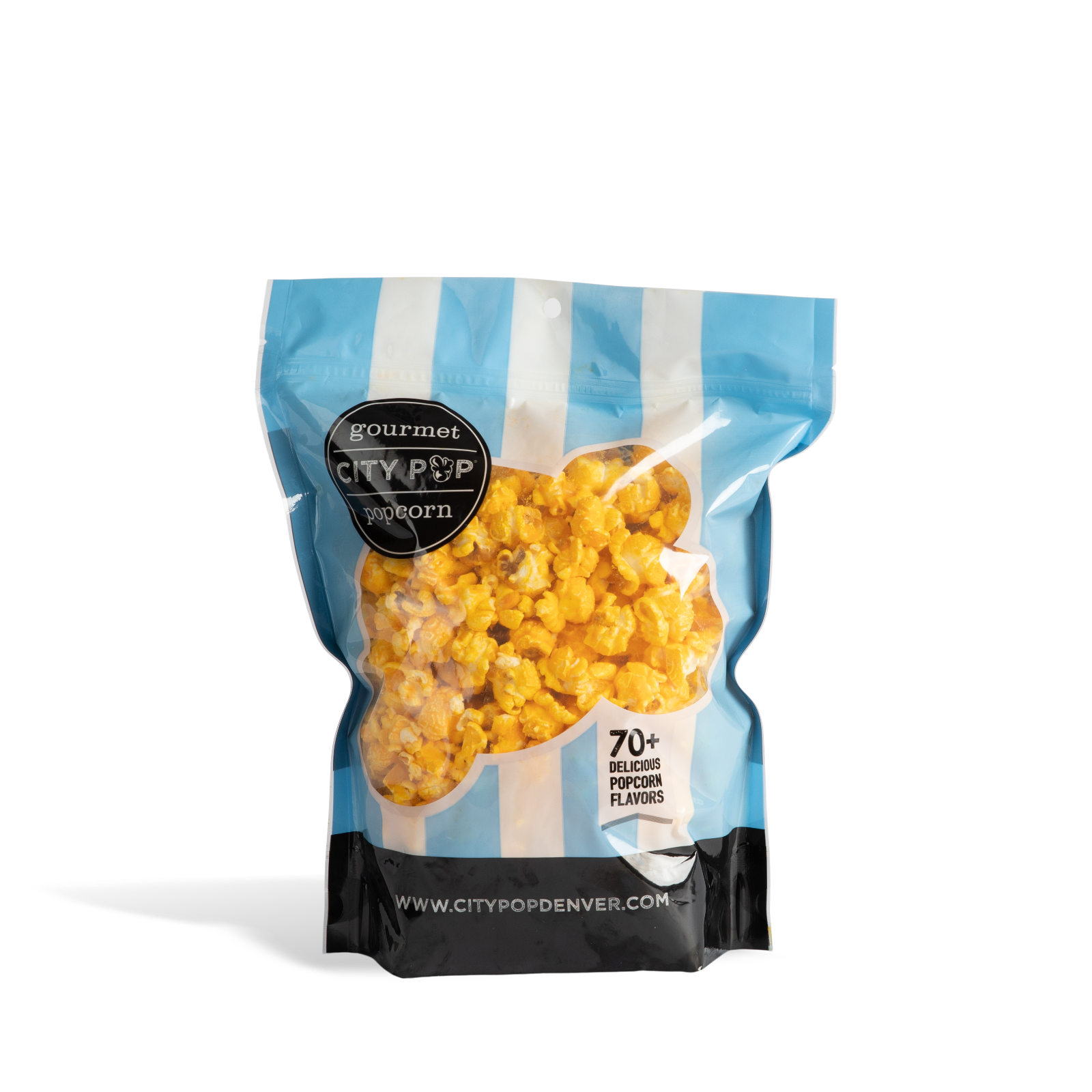 Bag of City Pop Mac and Cheese popcorn with blue and white striped design on a white background