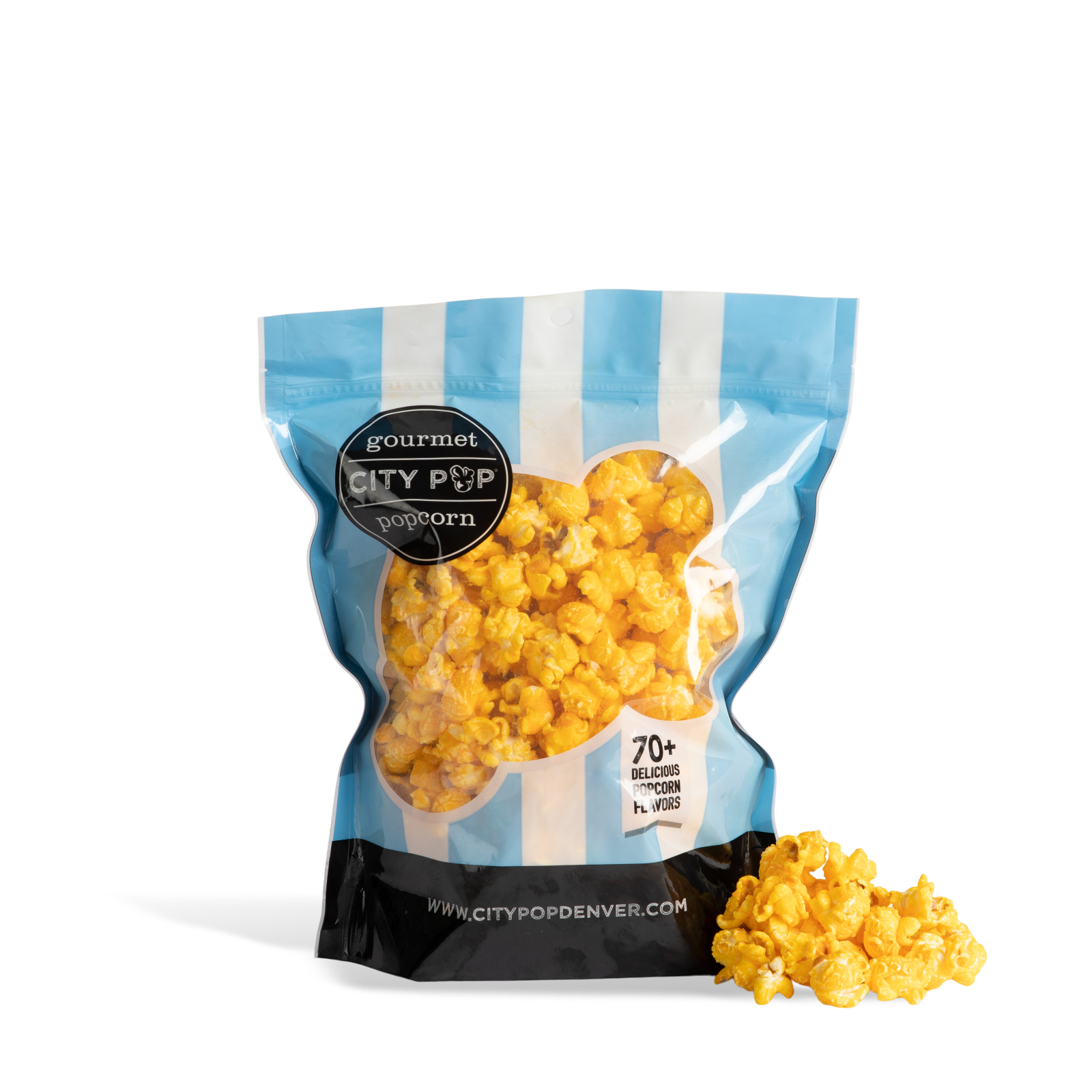 Bag of City Pop Mac and Cheese popcorn with visible branding on a white background