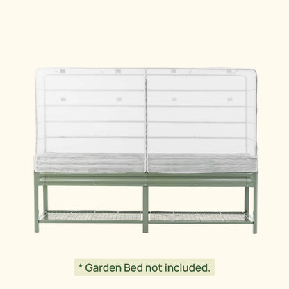 Mesh Cover System for Elevated Garden Beds installed on a green elevated garden bed on a white background.