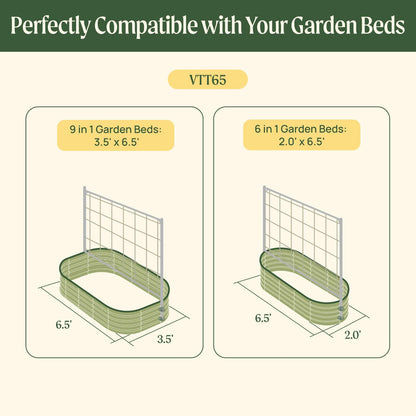 Dimensions chart showing two VTT65 raised garden bed configurations compatible with metal frame string trellises