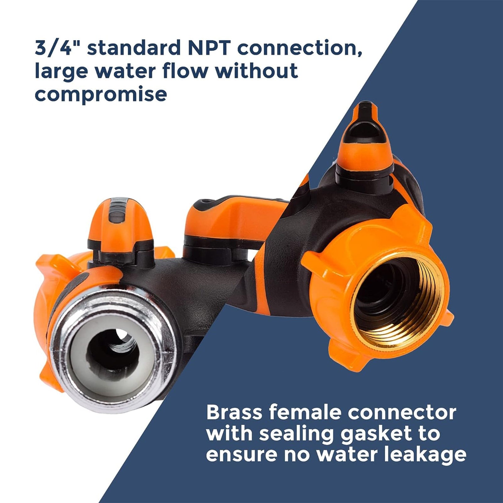 Orange and black Metal Water Hose Splitter with text about NPT connection and sealing gasket with a brass female connector to ensure no water leakage.