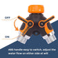 Metal Water Hose Splitter with orange and black design on a blue and white background with noted feature of ABS handle easy to switch and adjust the water flow on either side at will.