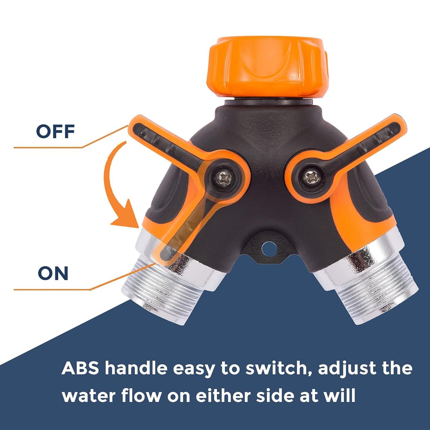 Metal Water Hose Splitter with orange and black design on a blue and white background with noted feature of ABS handle easy to switch and adjust the water flow on either side at will.
